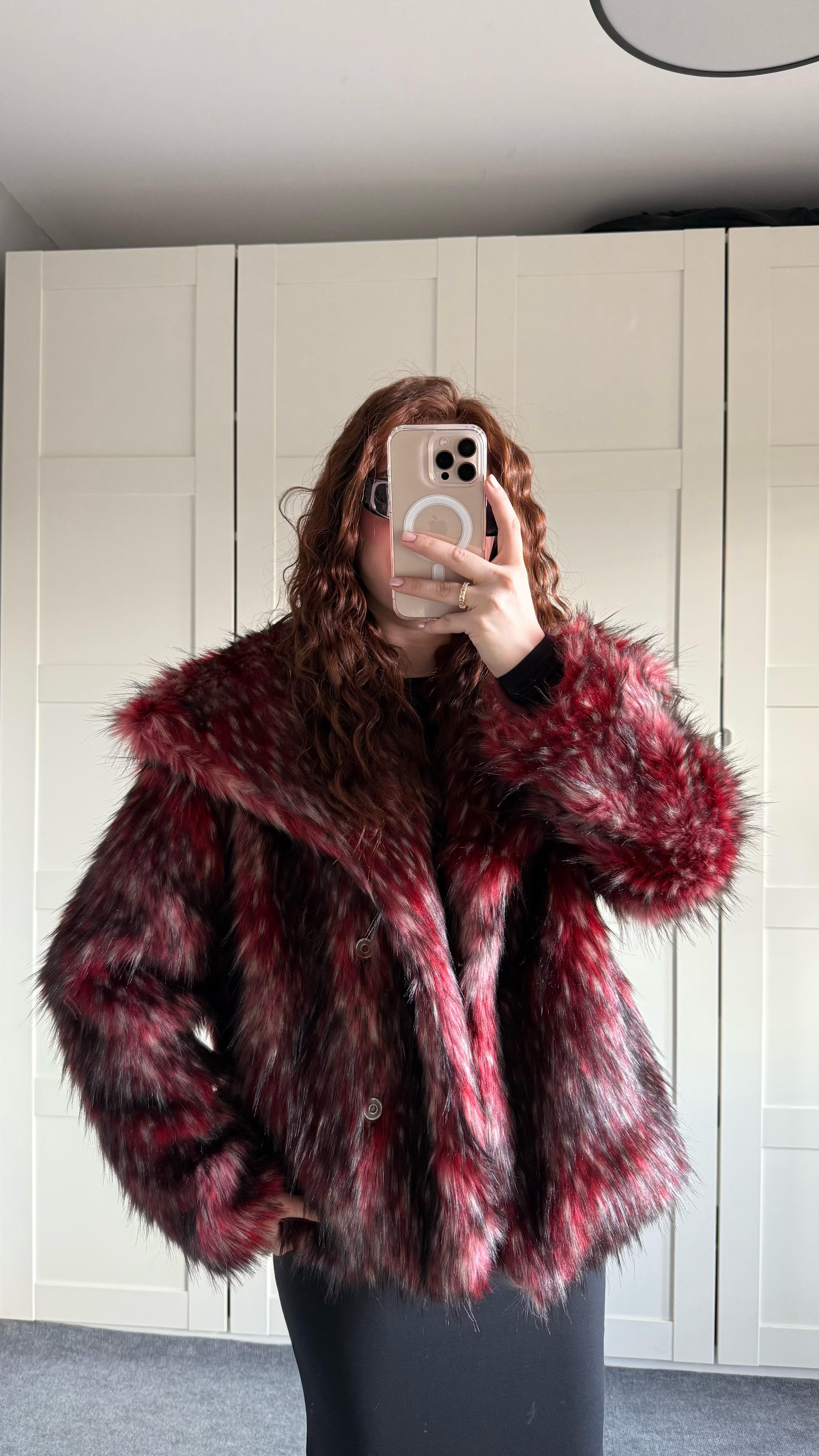 Geniş Yaka Luxury Bordo Kürk