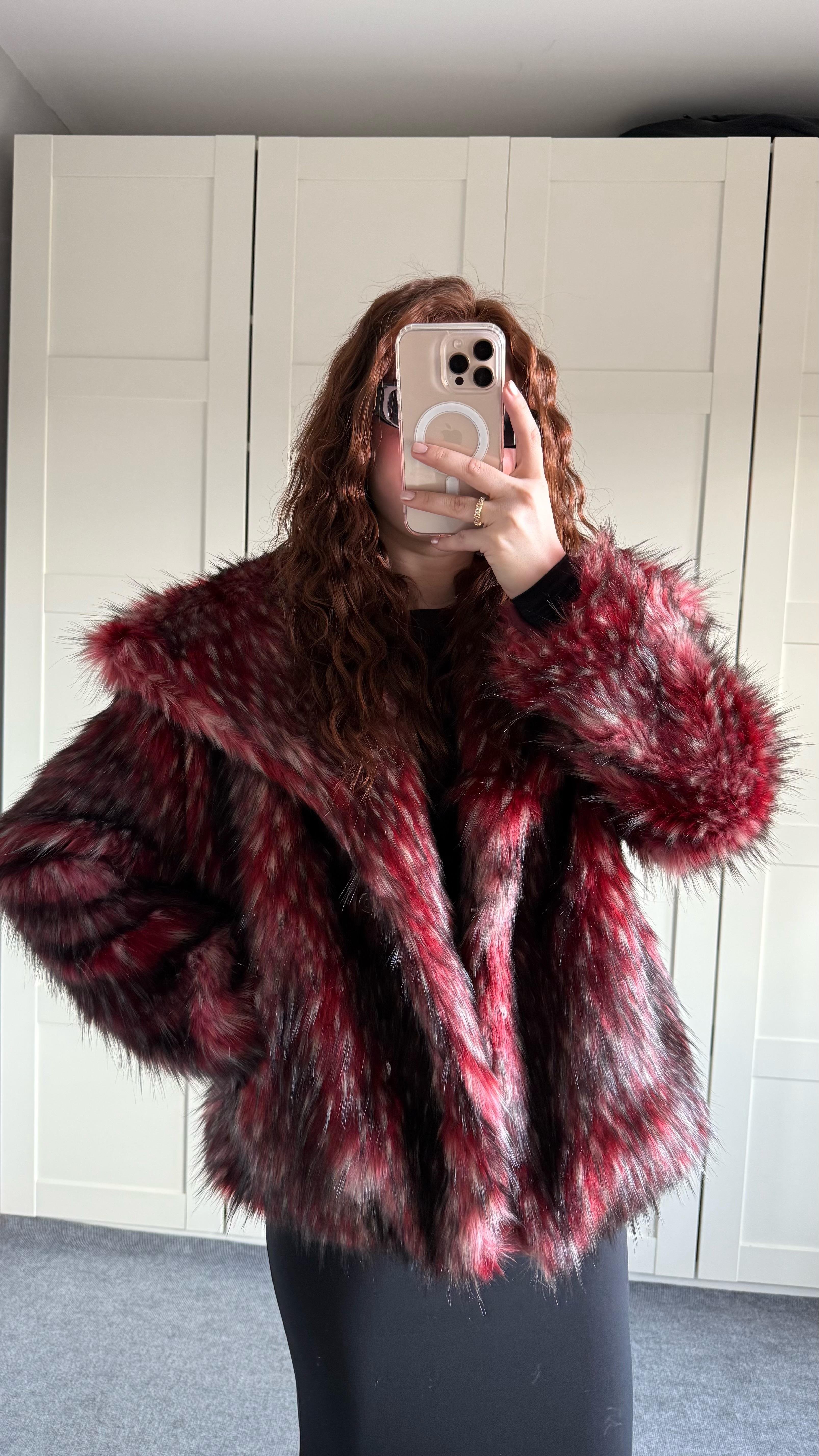 Geniş Yaka Luxury Bordo Kürk