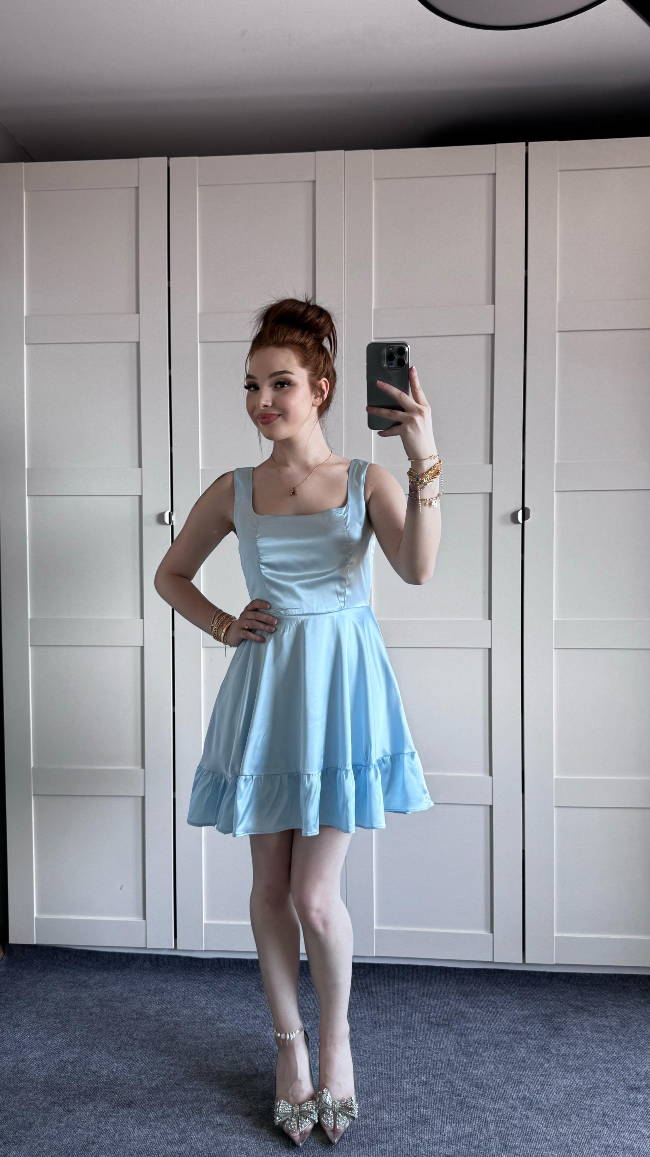 Glow Saten Mini Bebe Mavisi Elbise