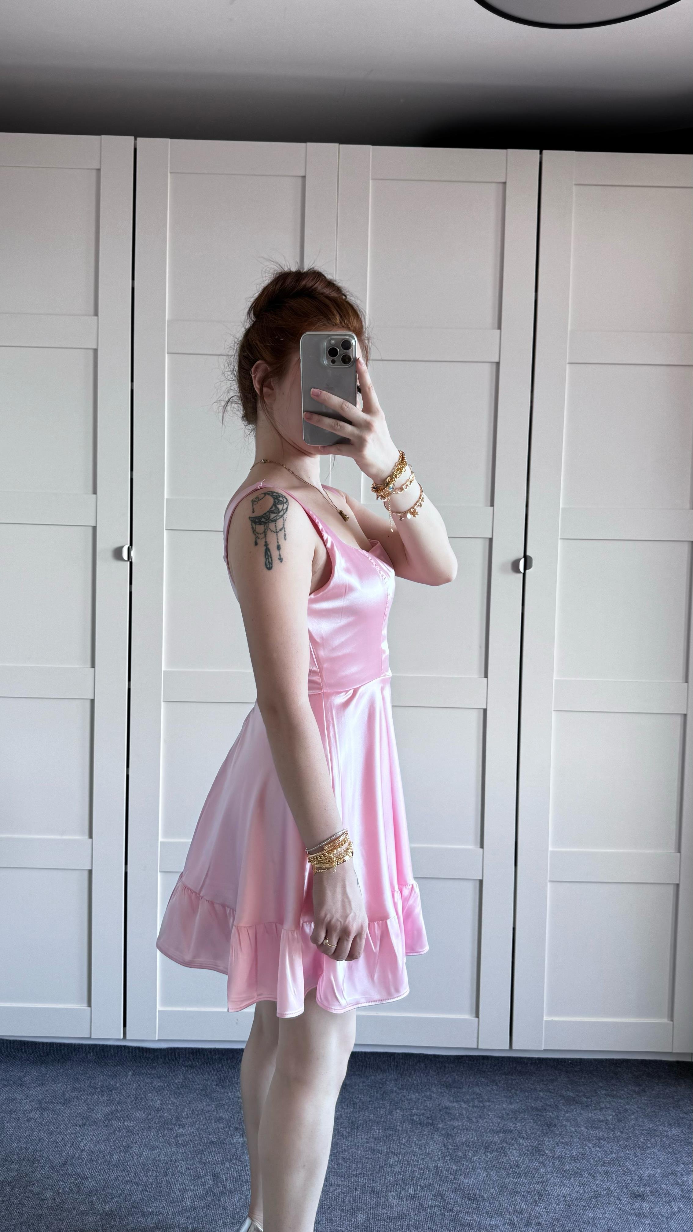 Glow Saten Mini Pembe Elbise