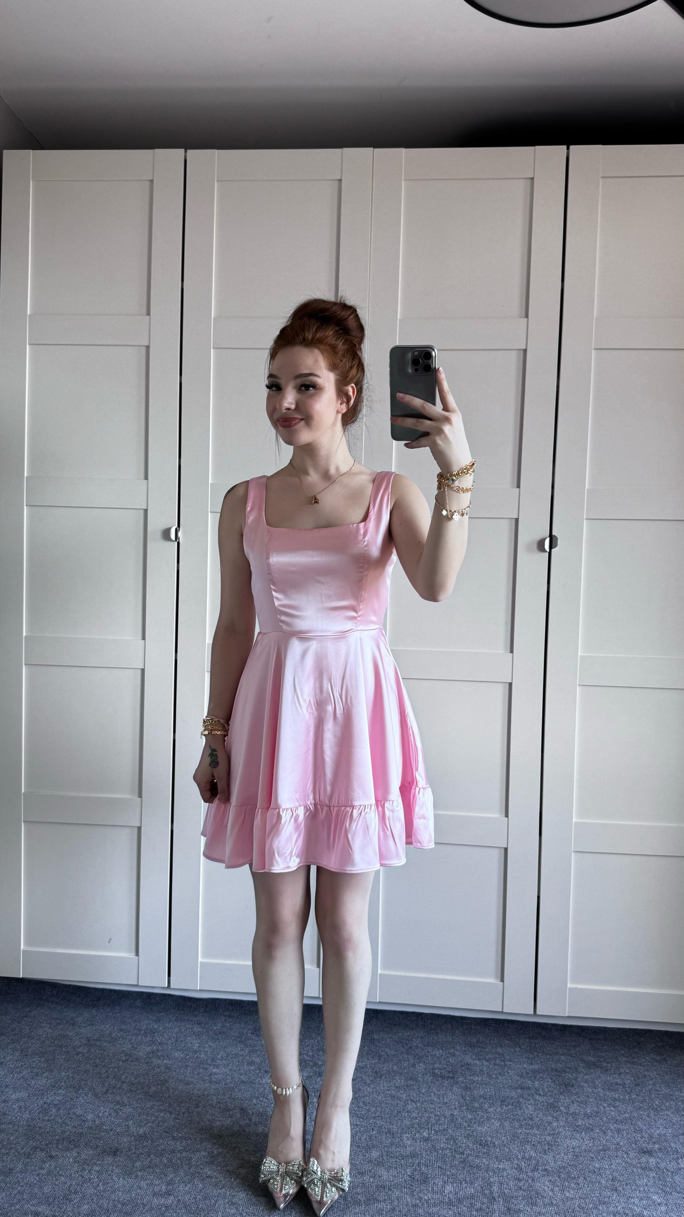 Glow Saten Mini Pembe Elbise