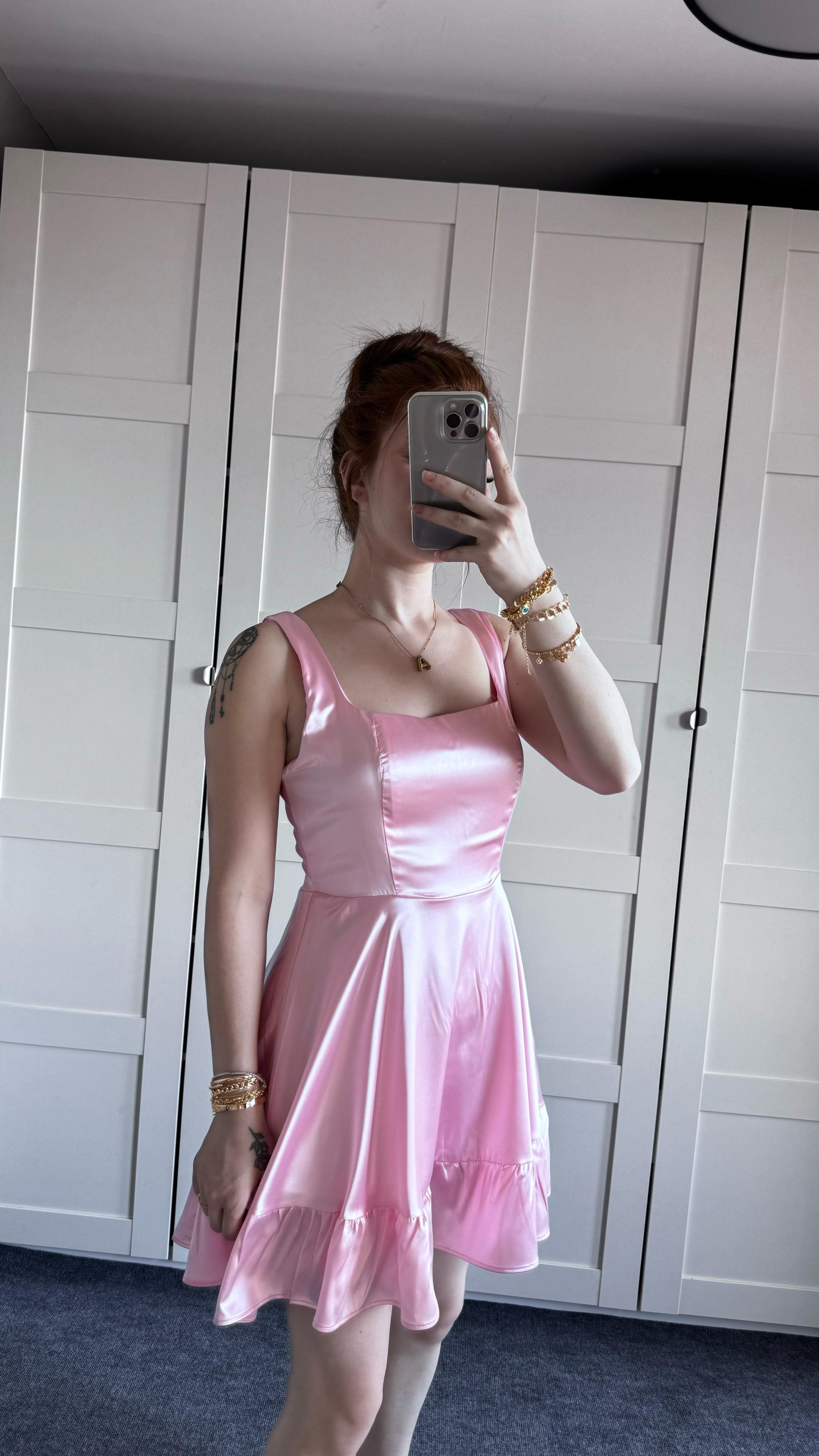 Glow Saten Mini Pembe Elbise