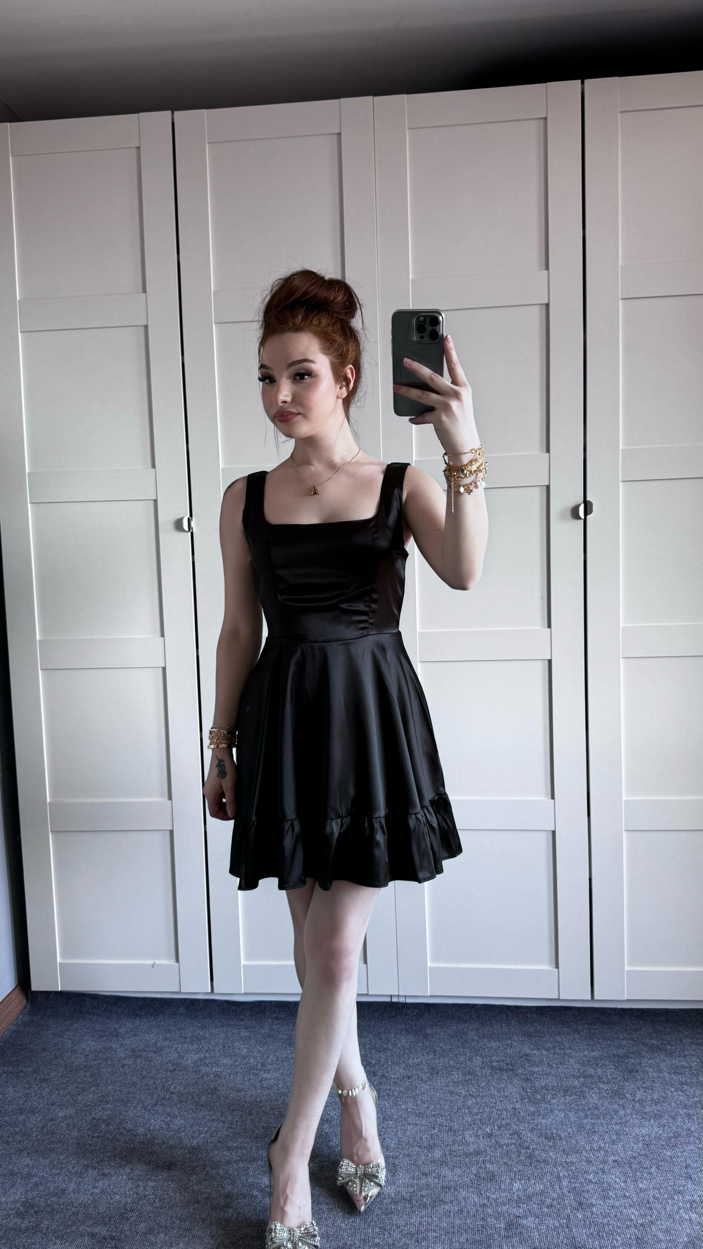 Glow Saten Mini Siyah Elbise