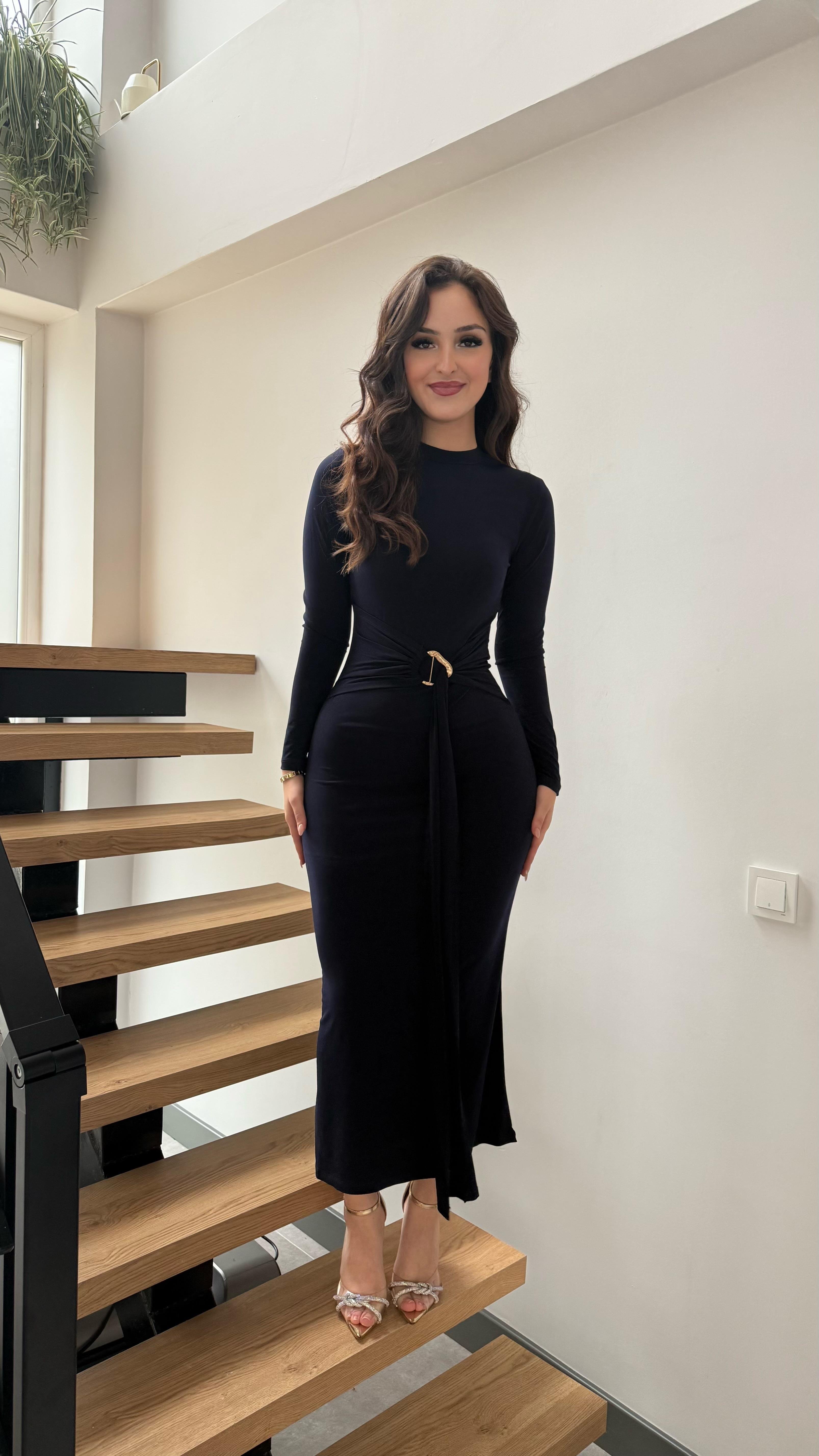 Gold Toka Kuşaklı Maxi Elbise Lacivert