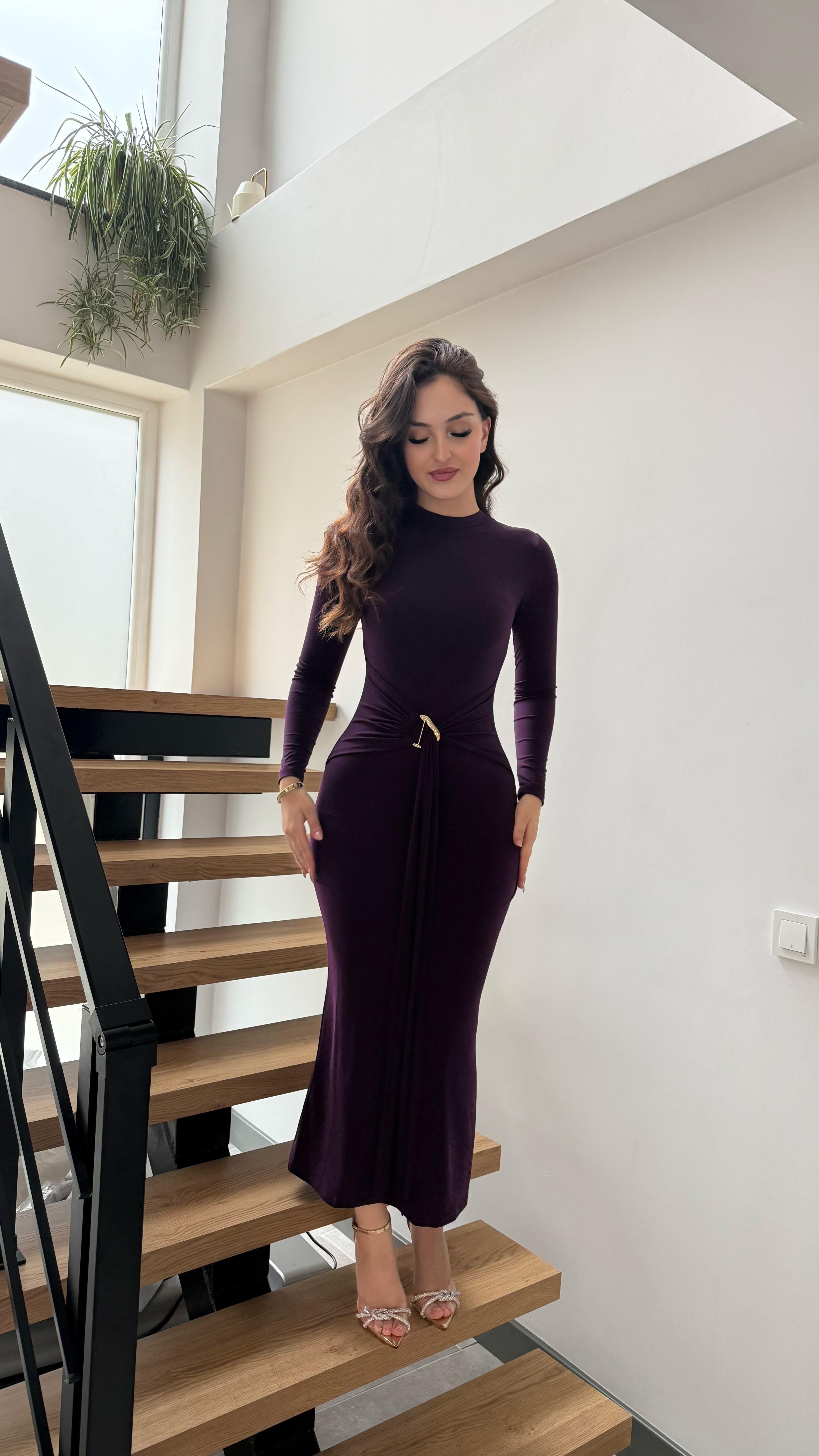 Gold Toka Kuşaklı Maxi Elbise Mor