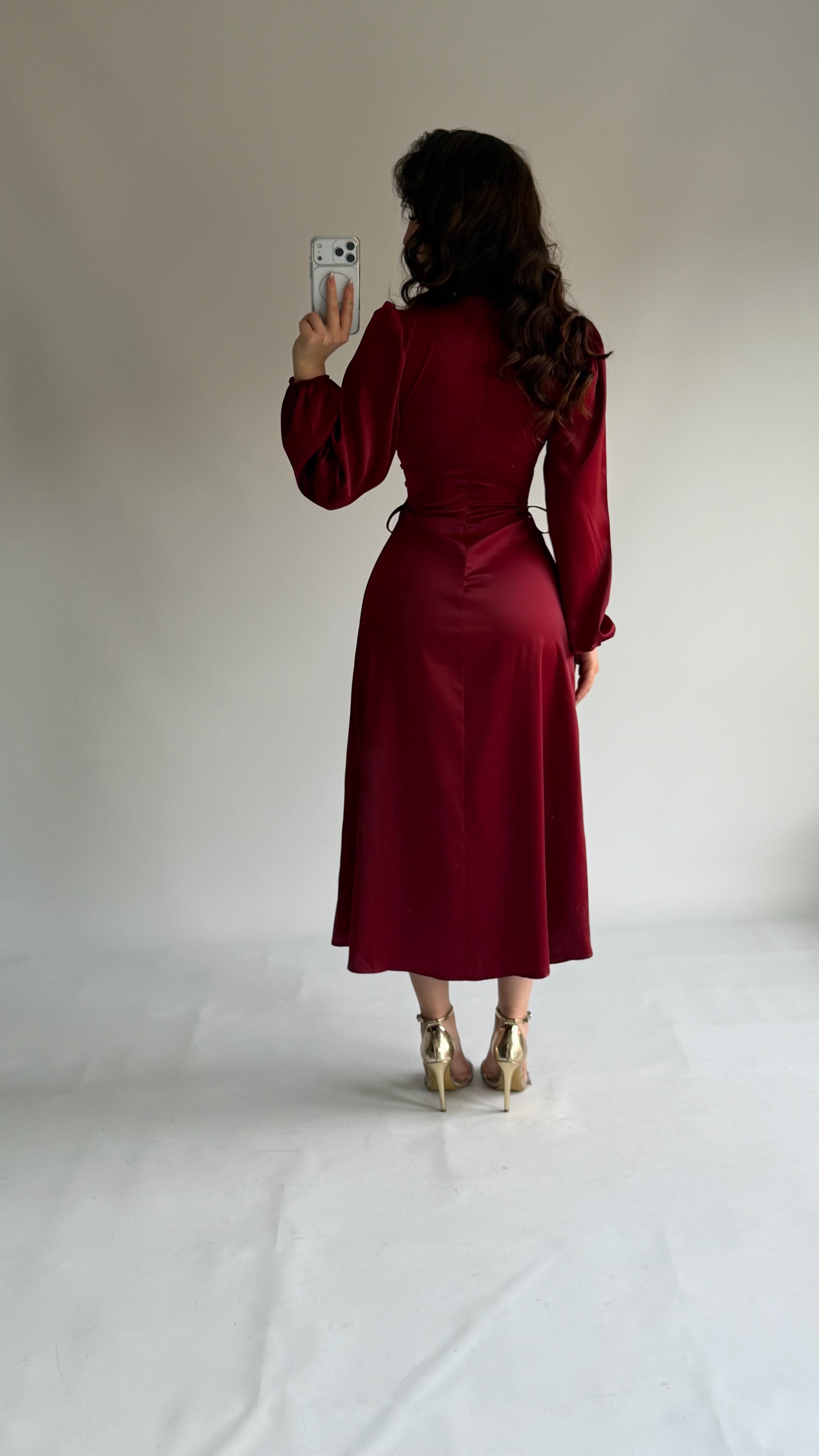 Hadid Saten Bel Korseli Elbise Bordo