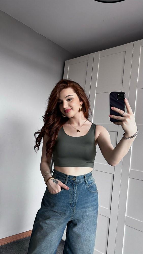 Haki Yeşil U Yaka Crop