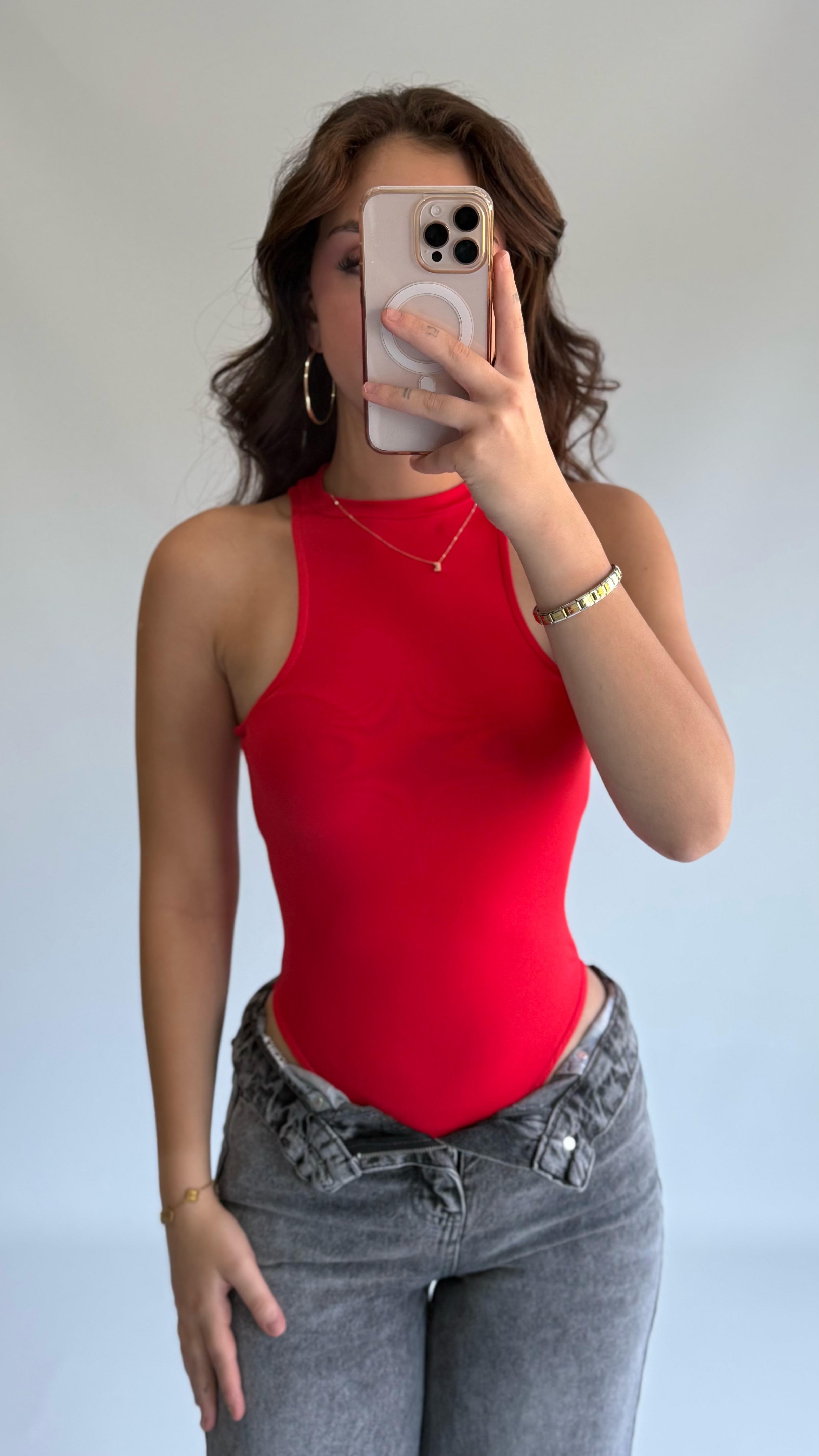 Halter Yaka Bodysuit Kırmızı