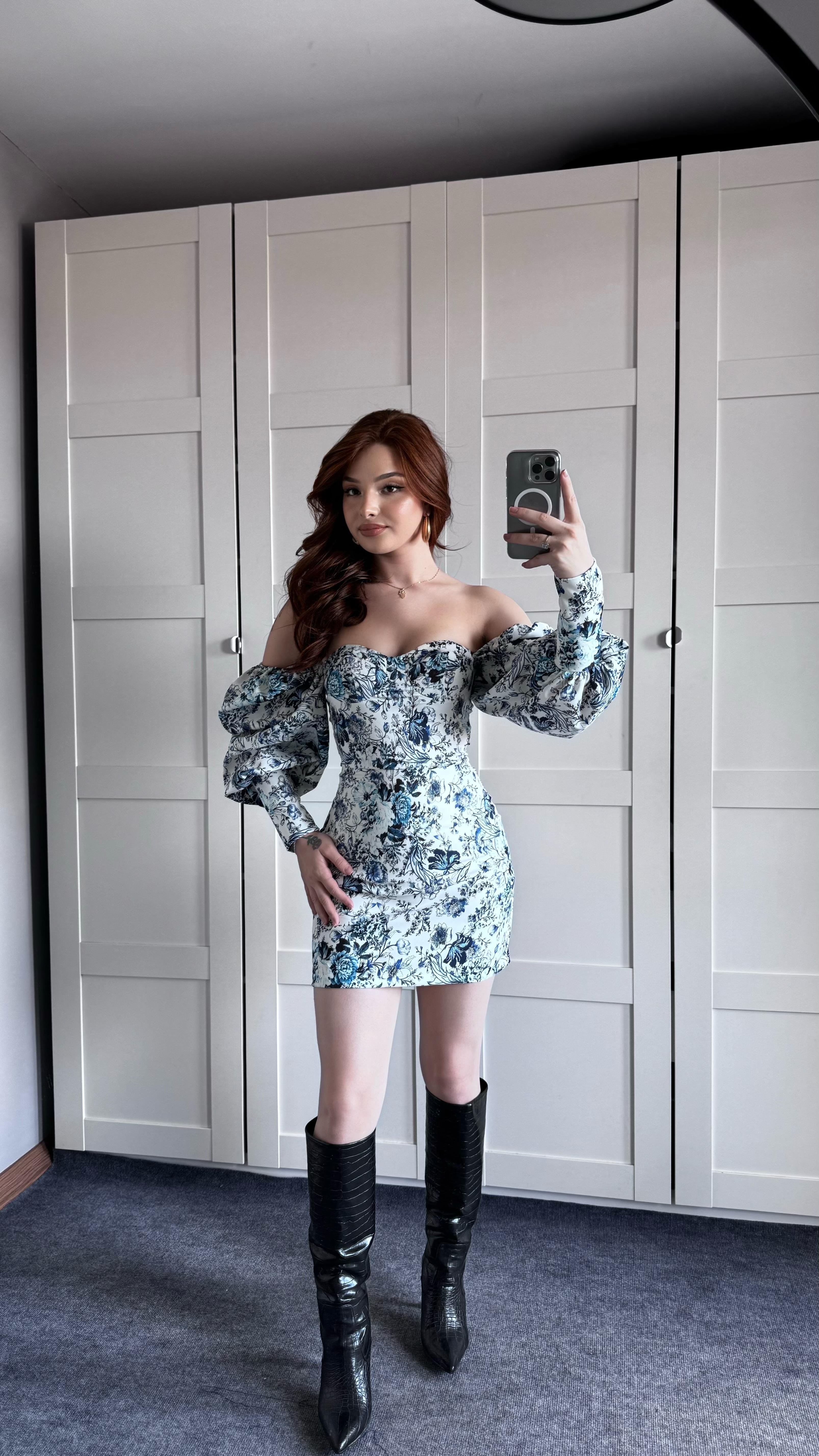 Harmony Mavi Çiçekli Mini Elbise