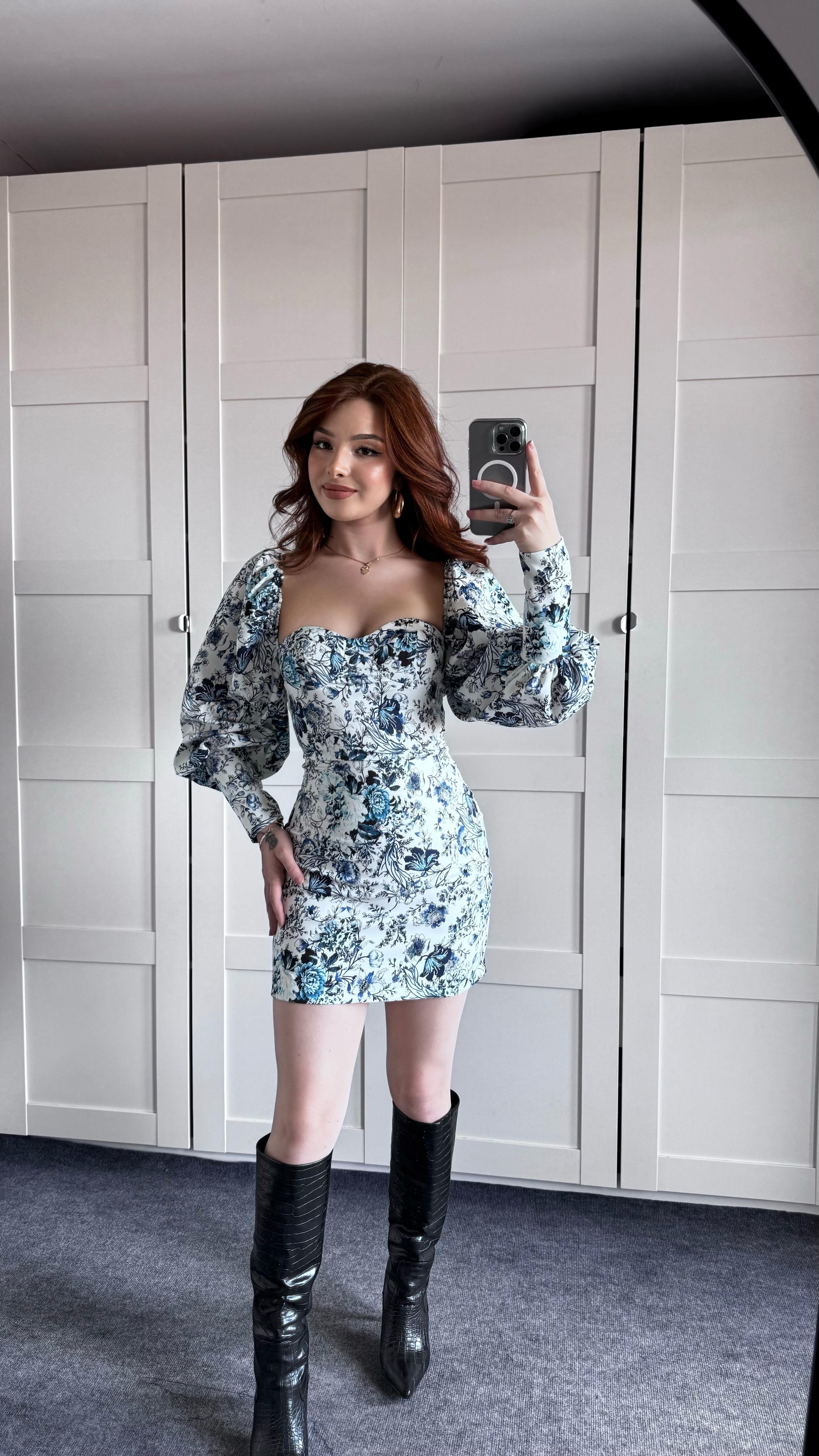 Harmony Mavi Çiçekli Mini Elbise