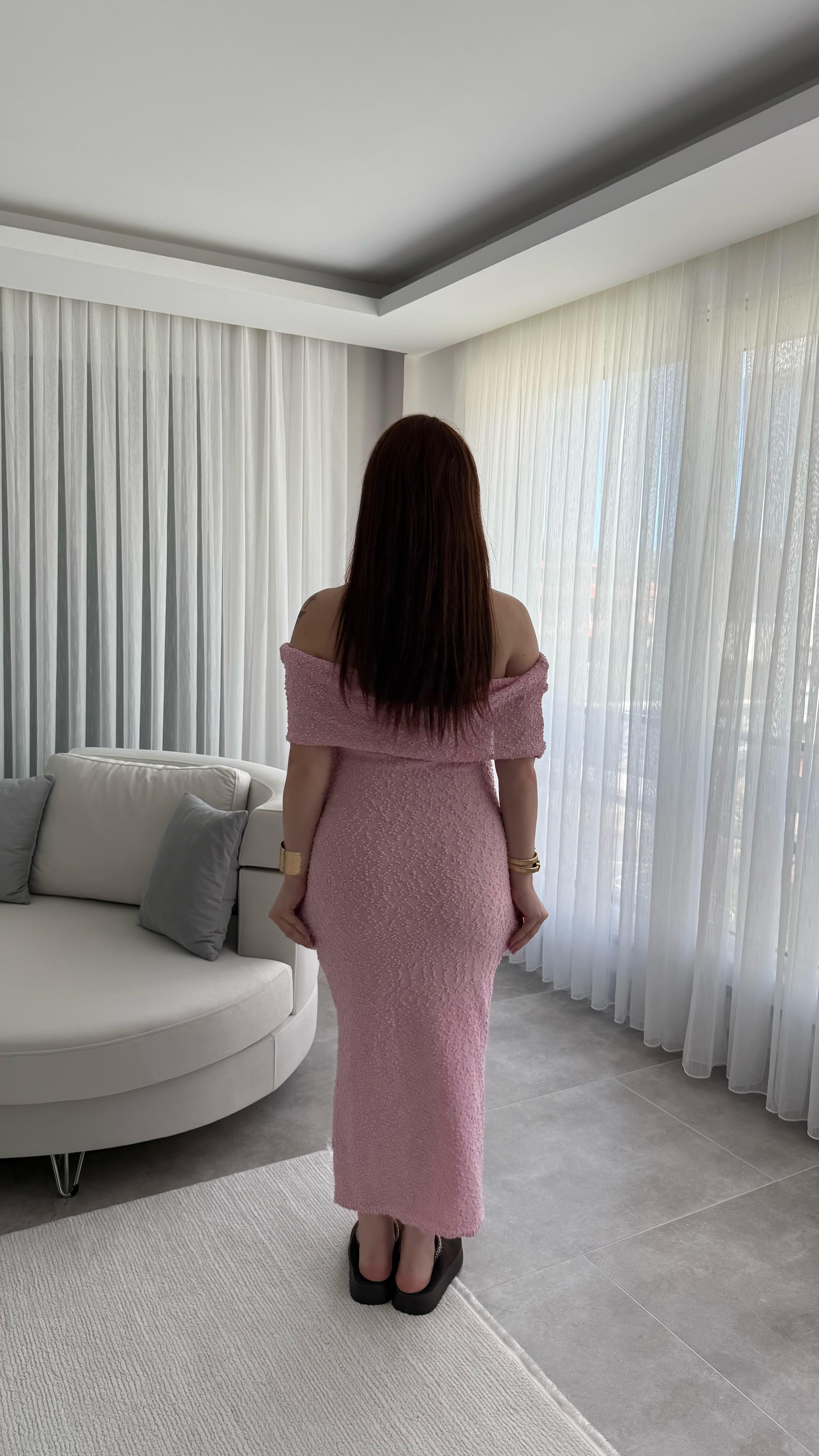Havlu Madonna Yaka Sıfır Kol Elbise Pembe