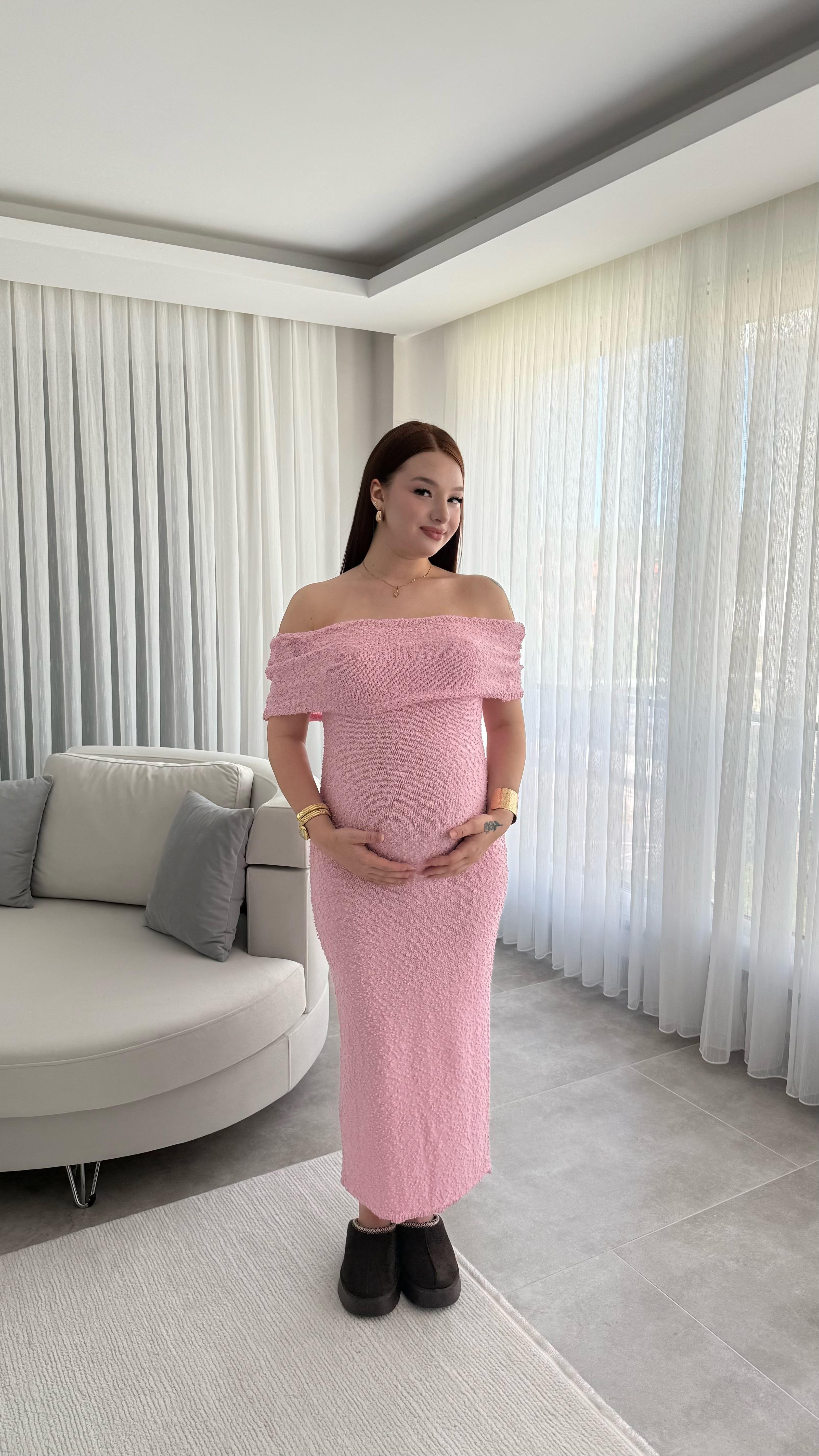 Havlu Madonna Yaka Sıfır Kol Elbise Pembe