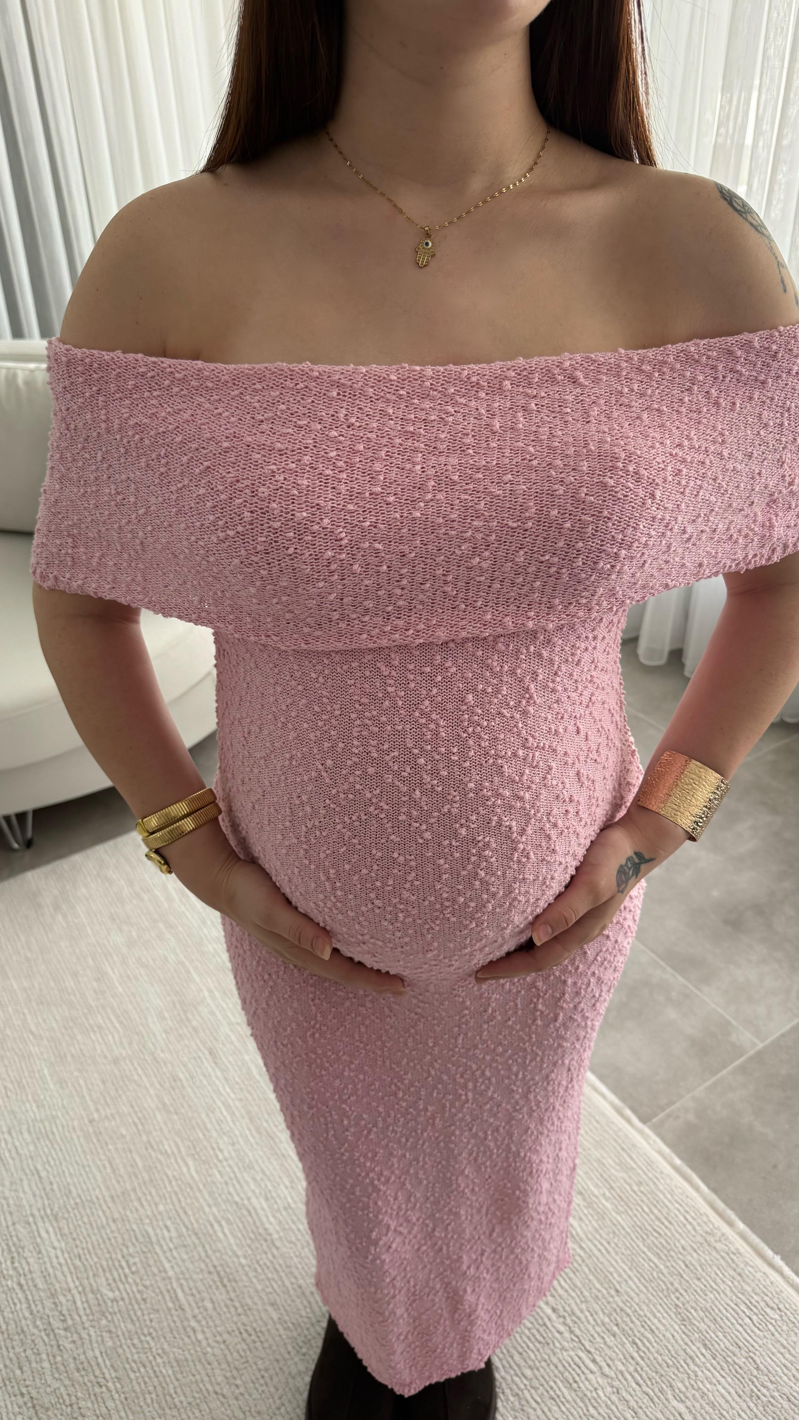 Havlu Madonna Yaka Sıfır Kol Elbise Pembe