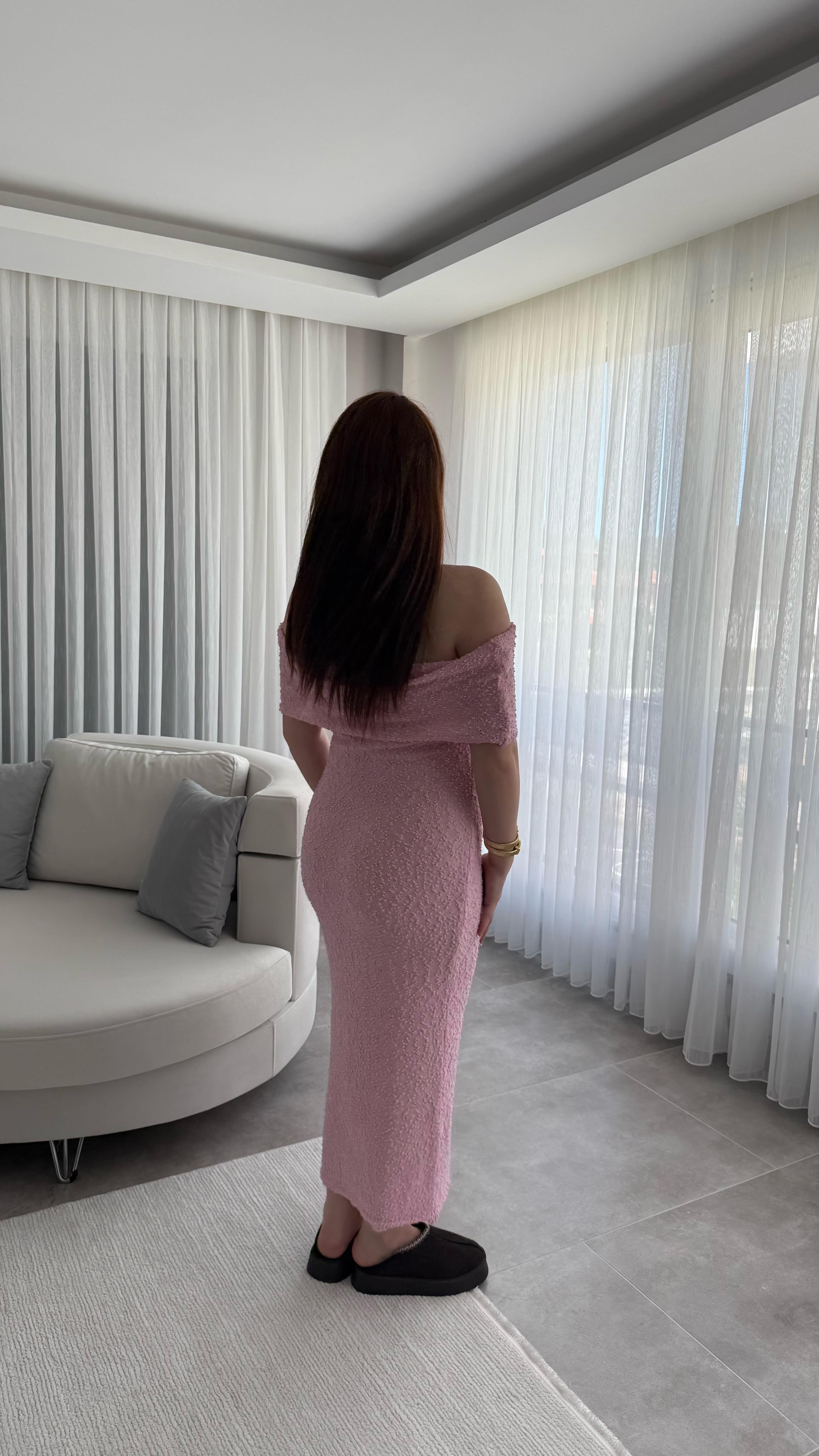 Havlu Madonna Yaka Sıfır Kol Elbise Pembe
