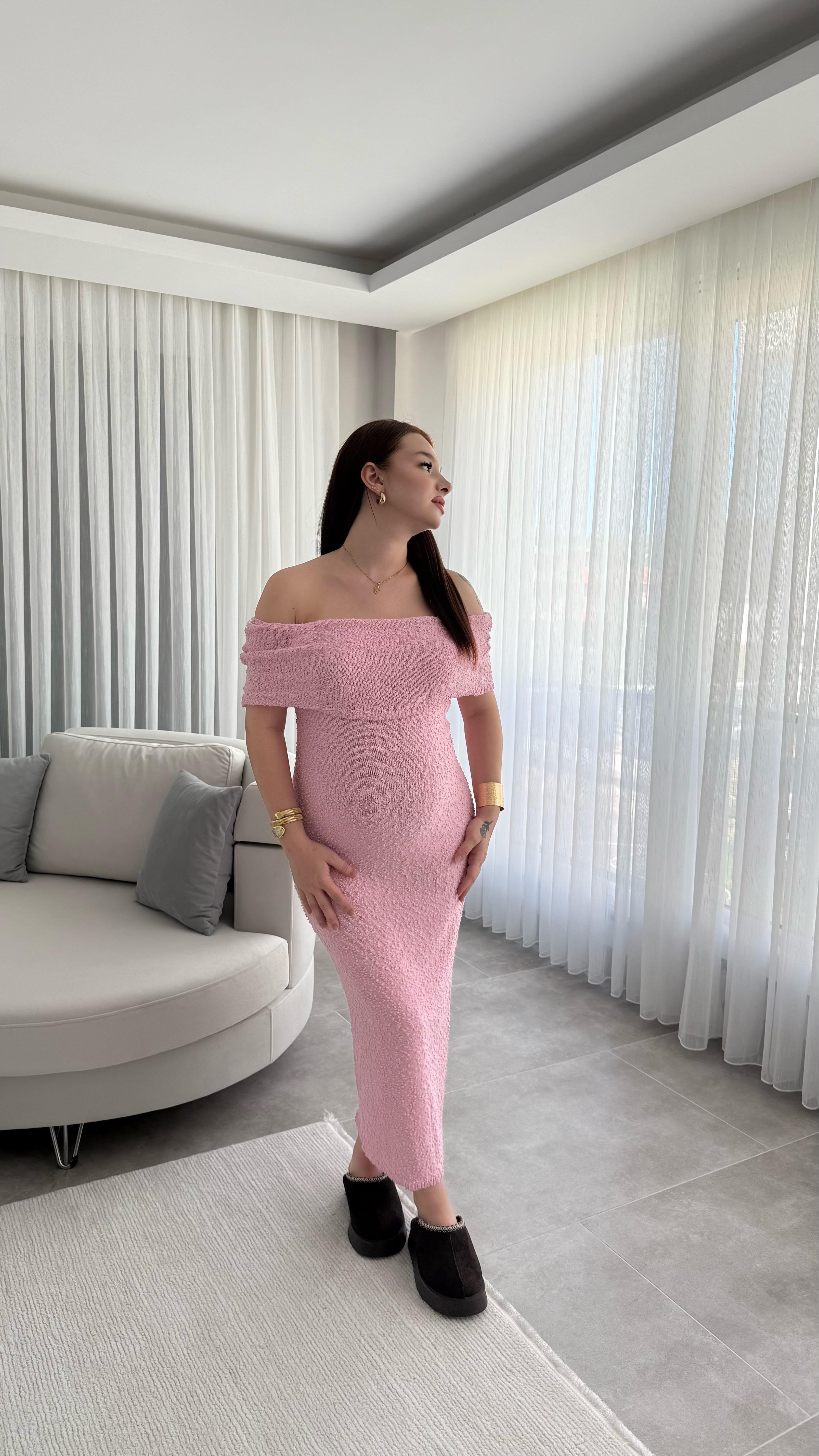 Havlu Madonna Yaka Sıfır Kol Elbise Pembe
