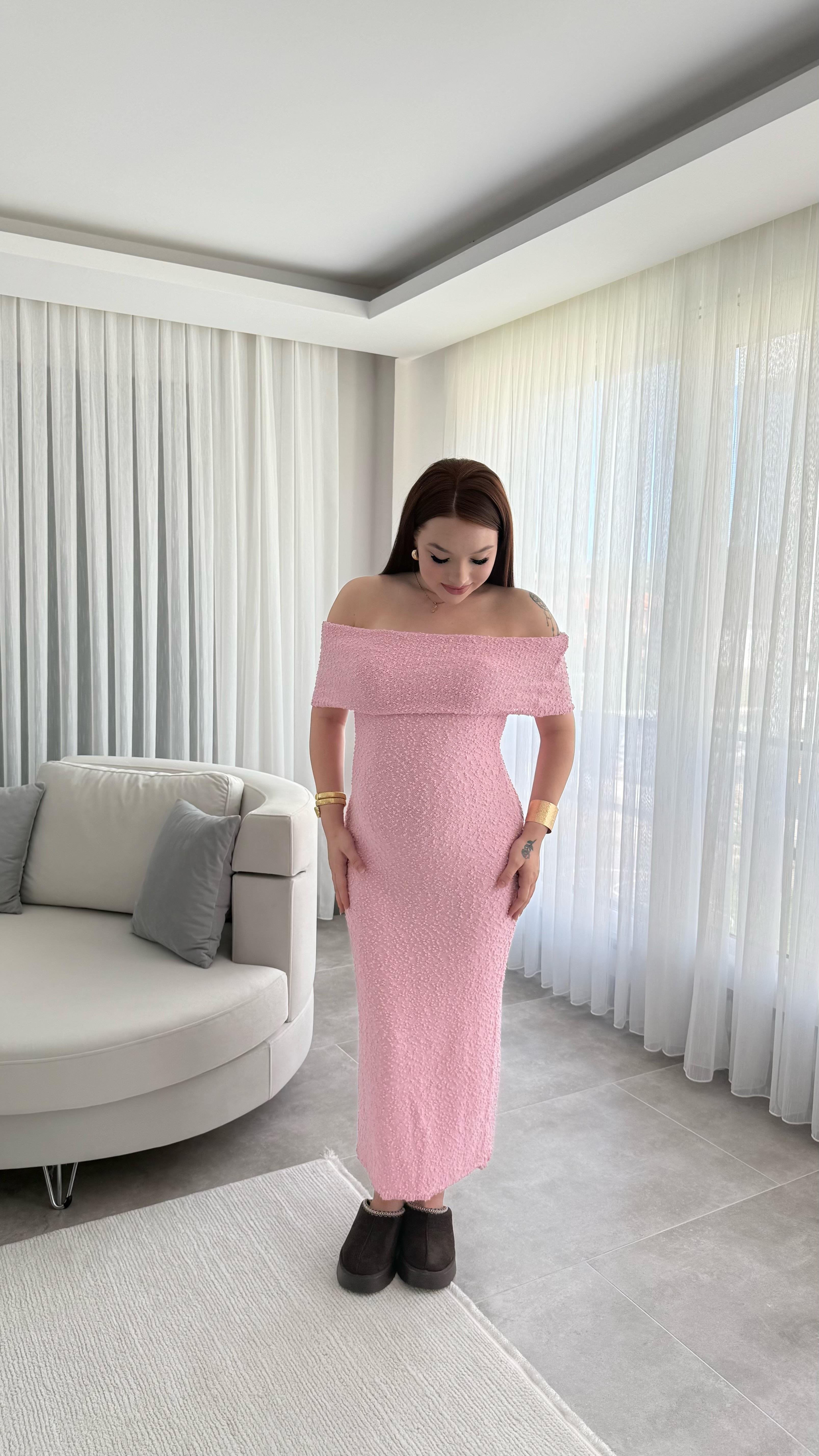 Havlu Madonna Yaka Sıfır Kol Elbise Pembe