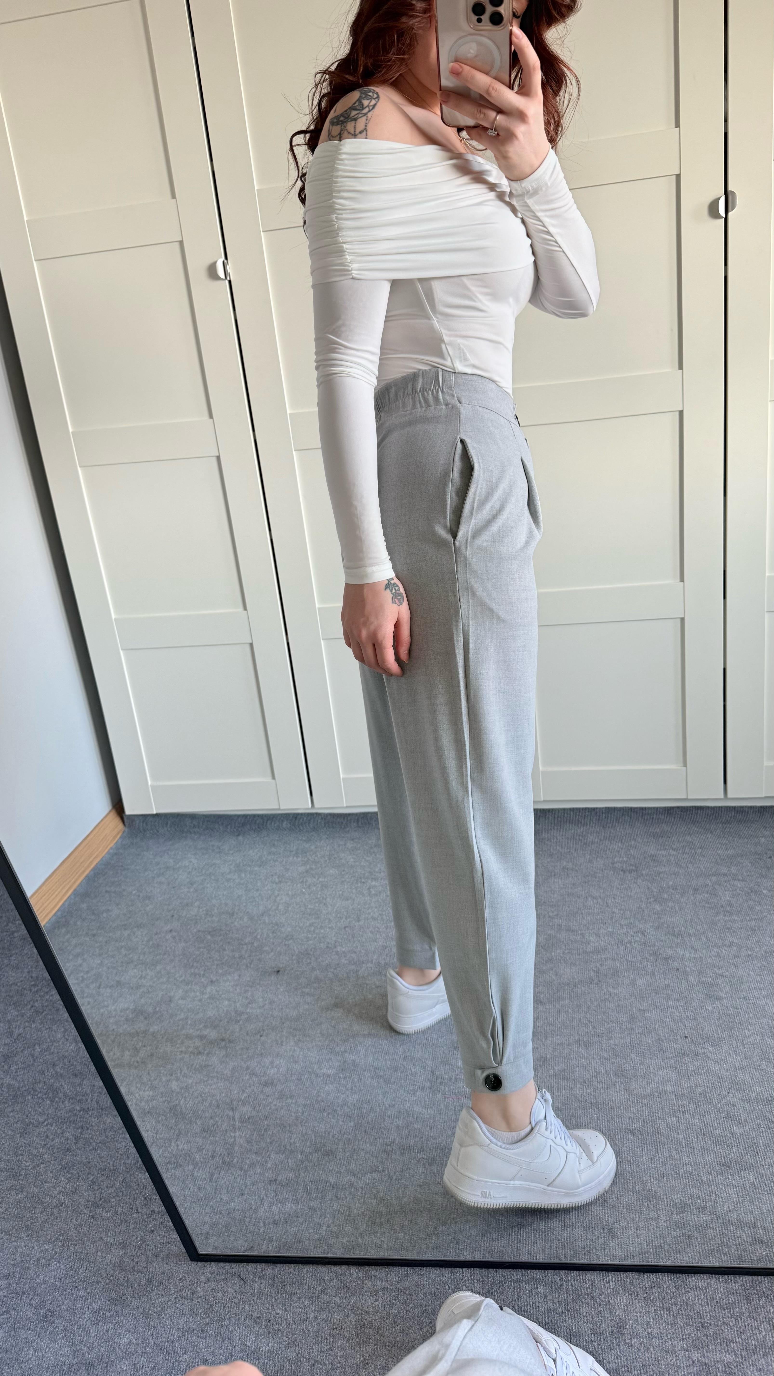 Havuç Beli Lastikli Düğmeli Pantolon Gri