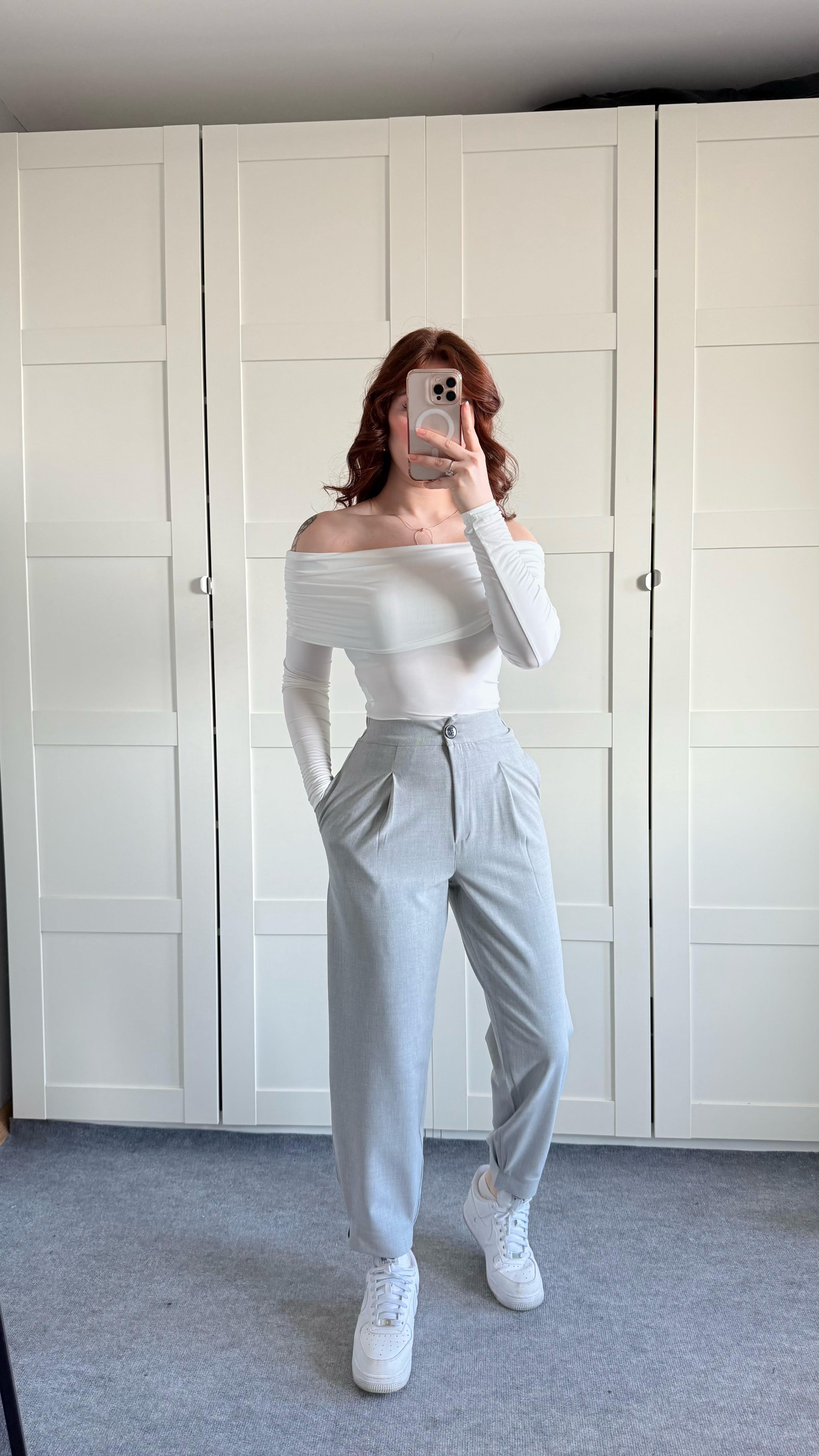 Havuç Beli Lastikli Düğmeli Pantolon Gri