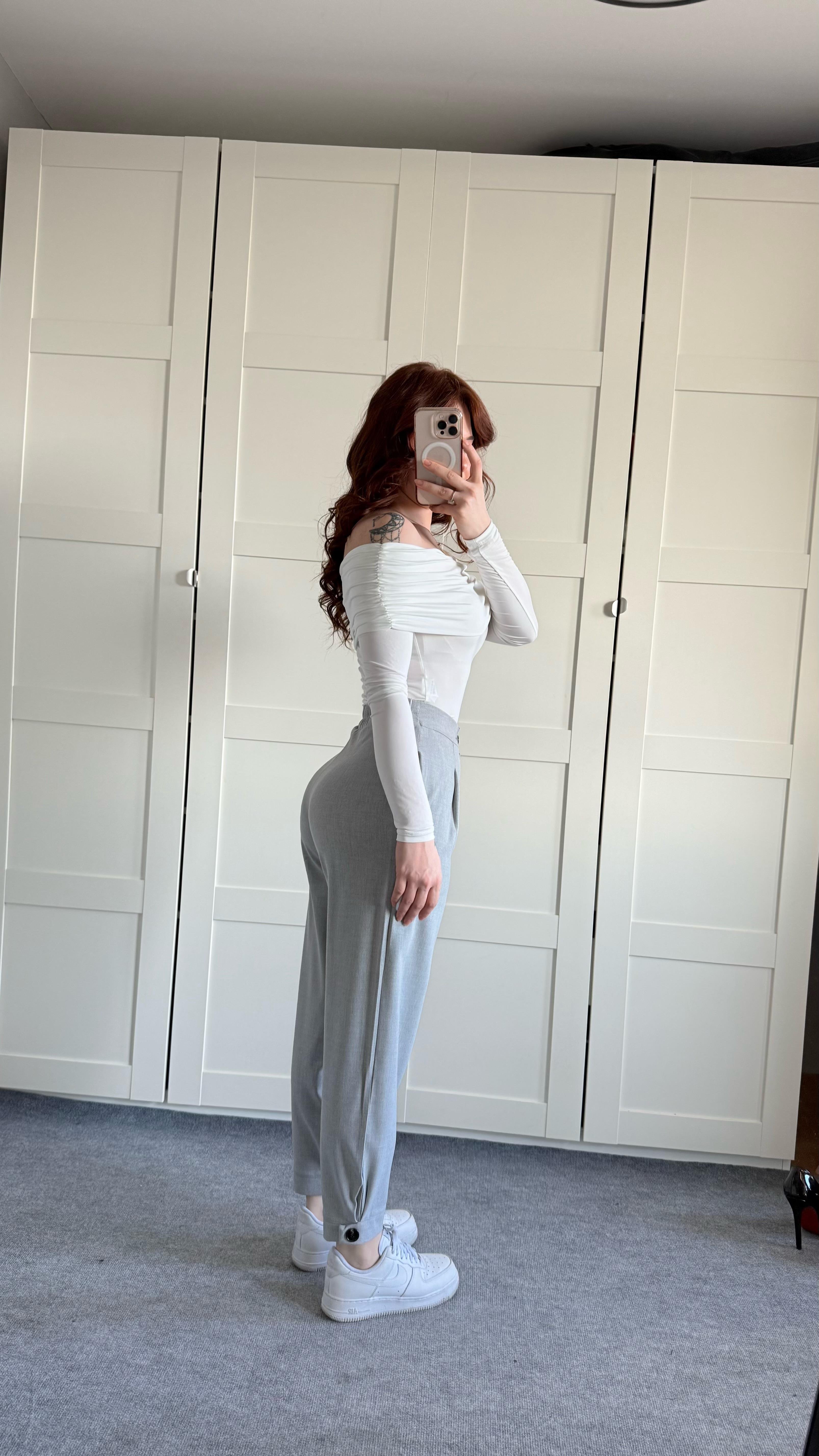 Havuç Beli Lastikli Düğmeli Pantolon Gri
