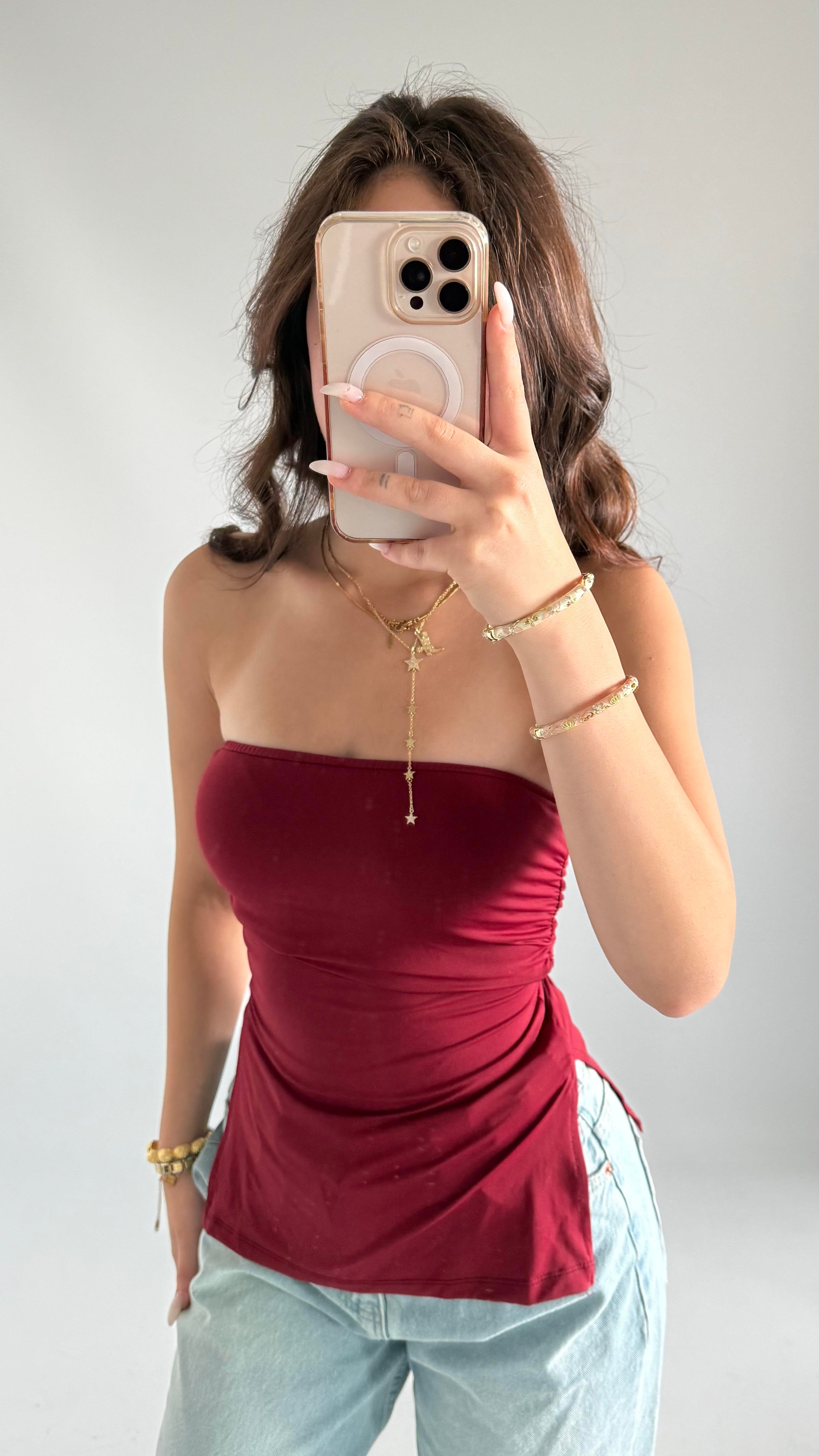 İki Yan Yırtmaçlı Straplez Bluz Bordo