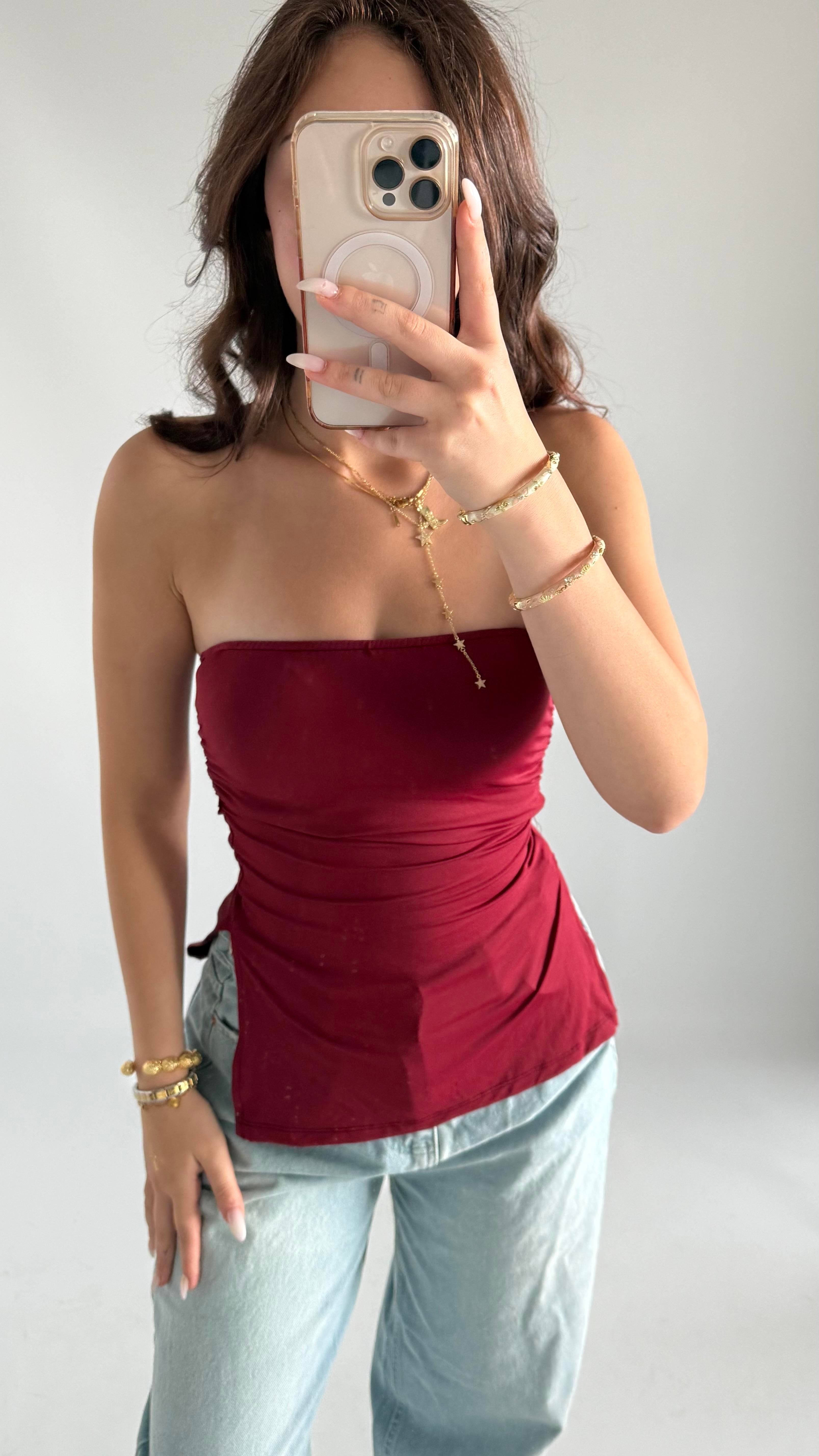 İki Yan Yırtmaçlı Straplez Bluz Bordo
