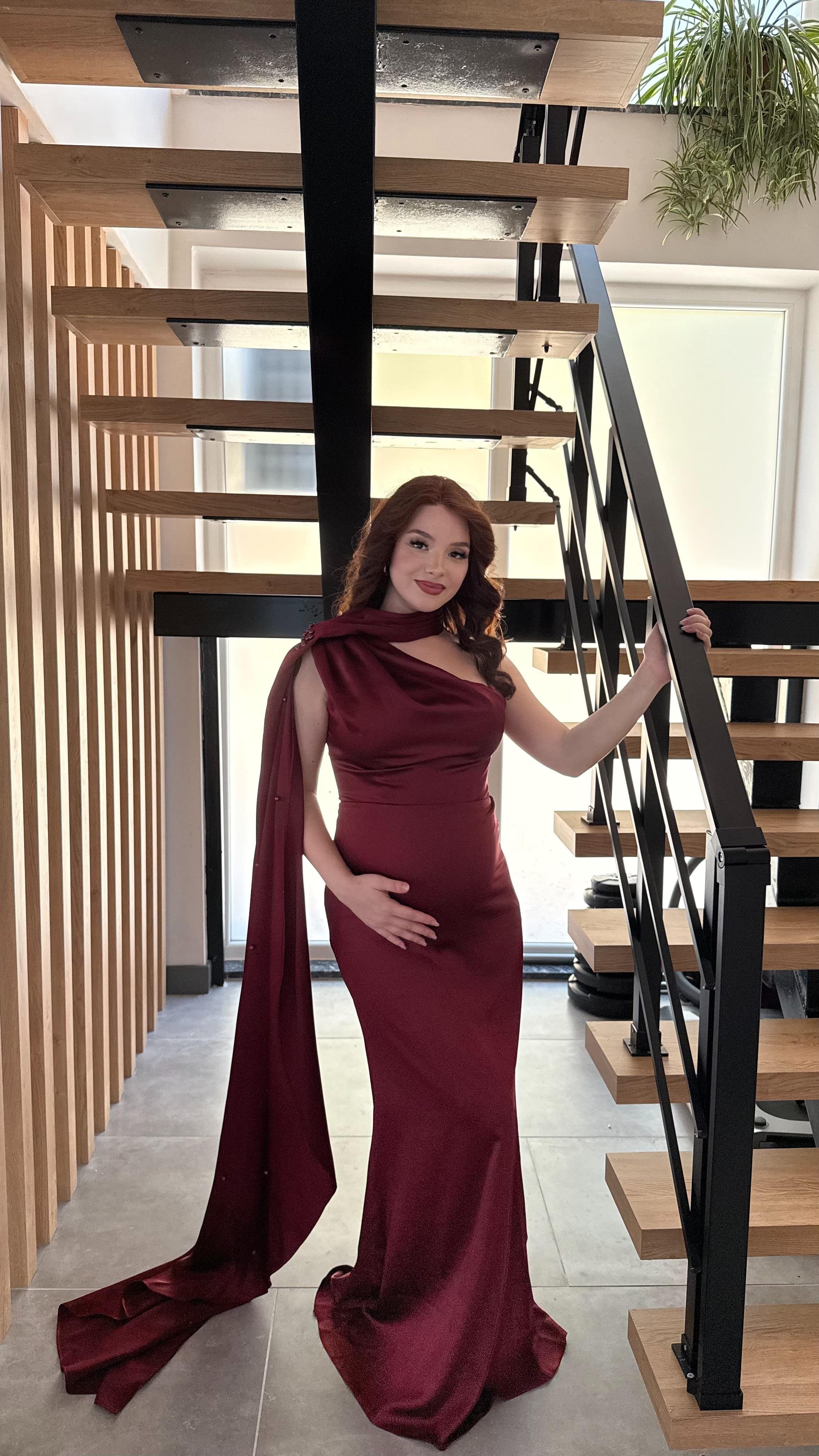 İncili Şal Detaylı Abiye Bordo