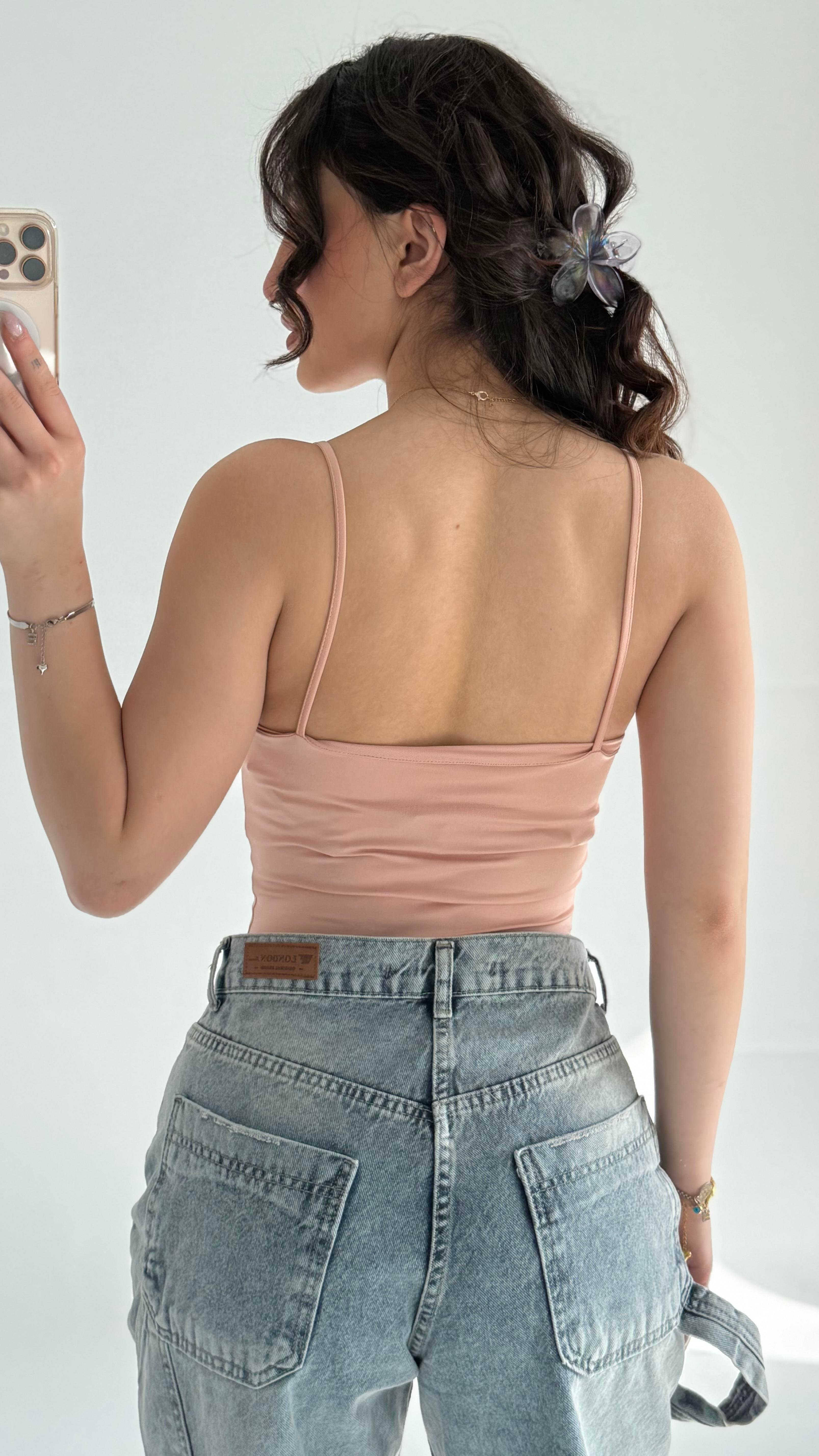 İp Askılı Bodysuit Toz Pembe