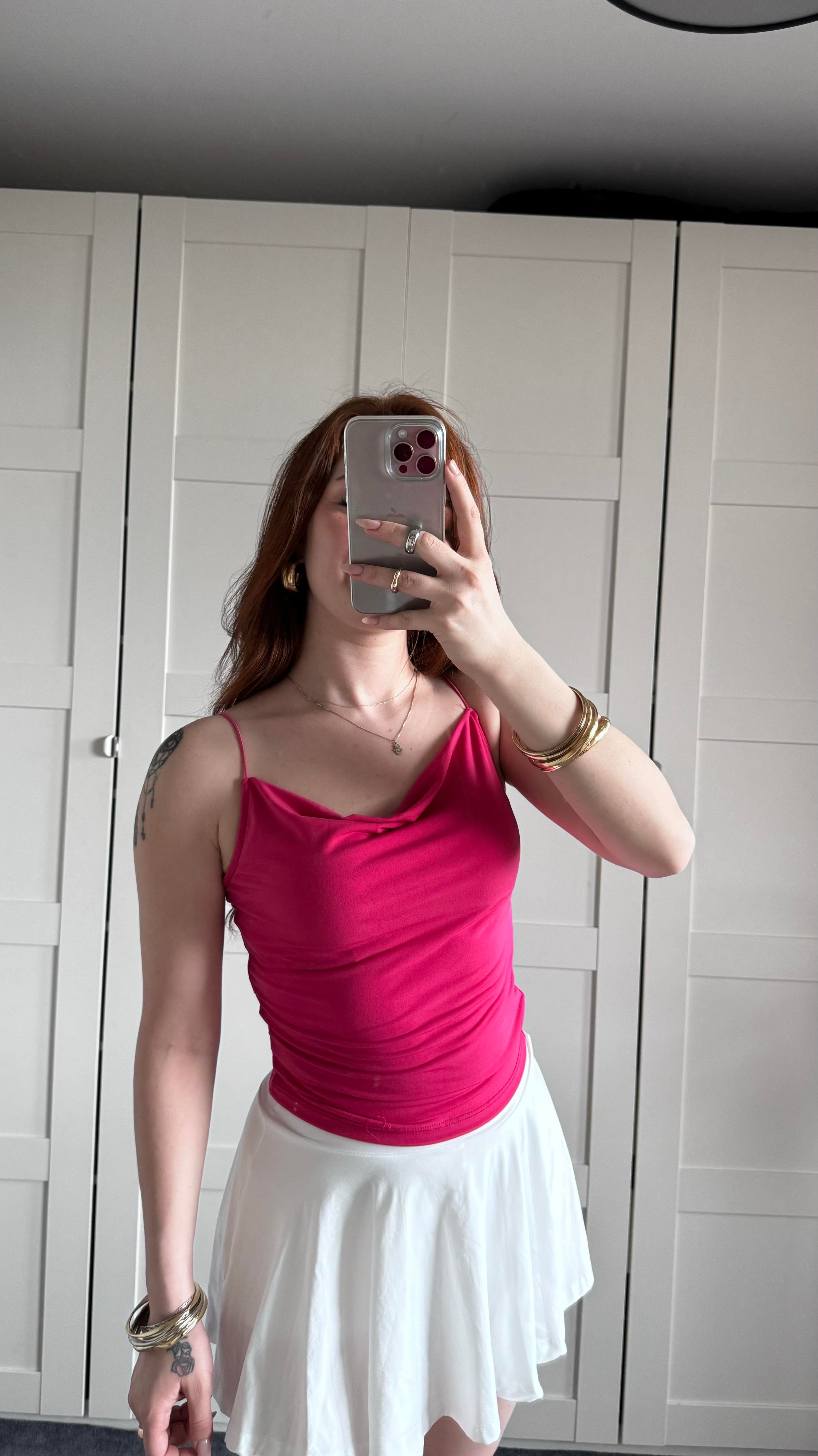 İp Askılı Degaje Yaka Pembe Crop