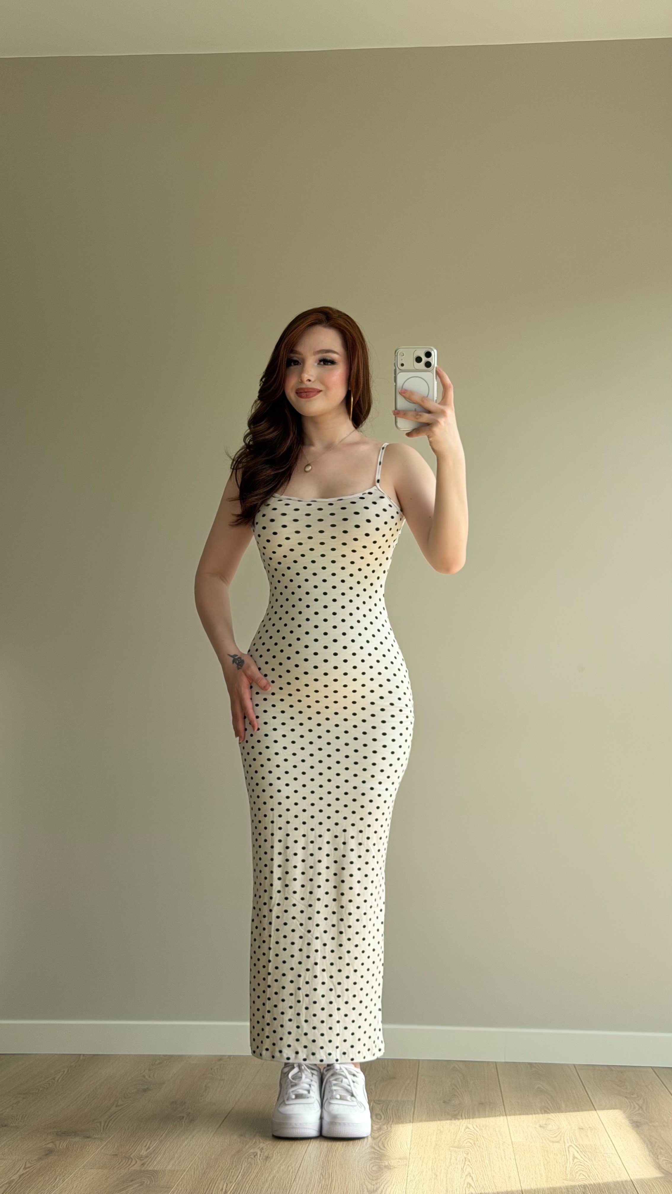 İp Askılı Puantiyeli Basıc Elbise Beyaz