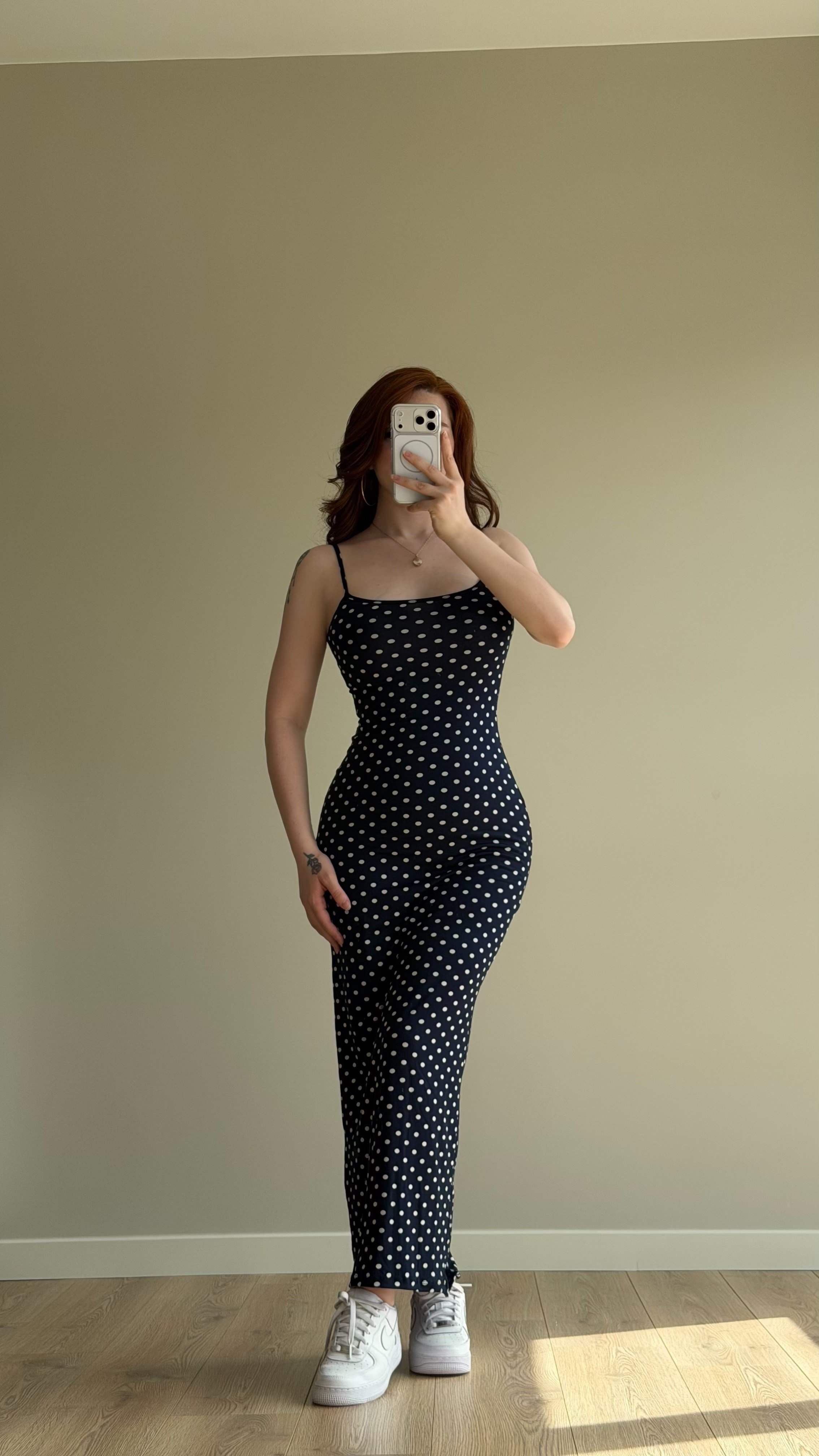 İp Askılı Puantiyeli Basıc Elbise Lacivert