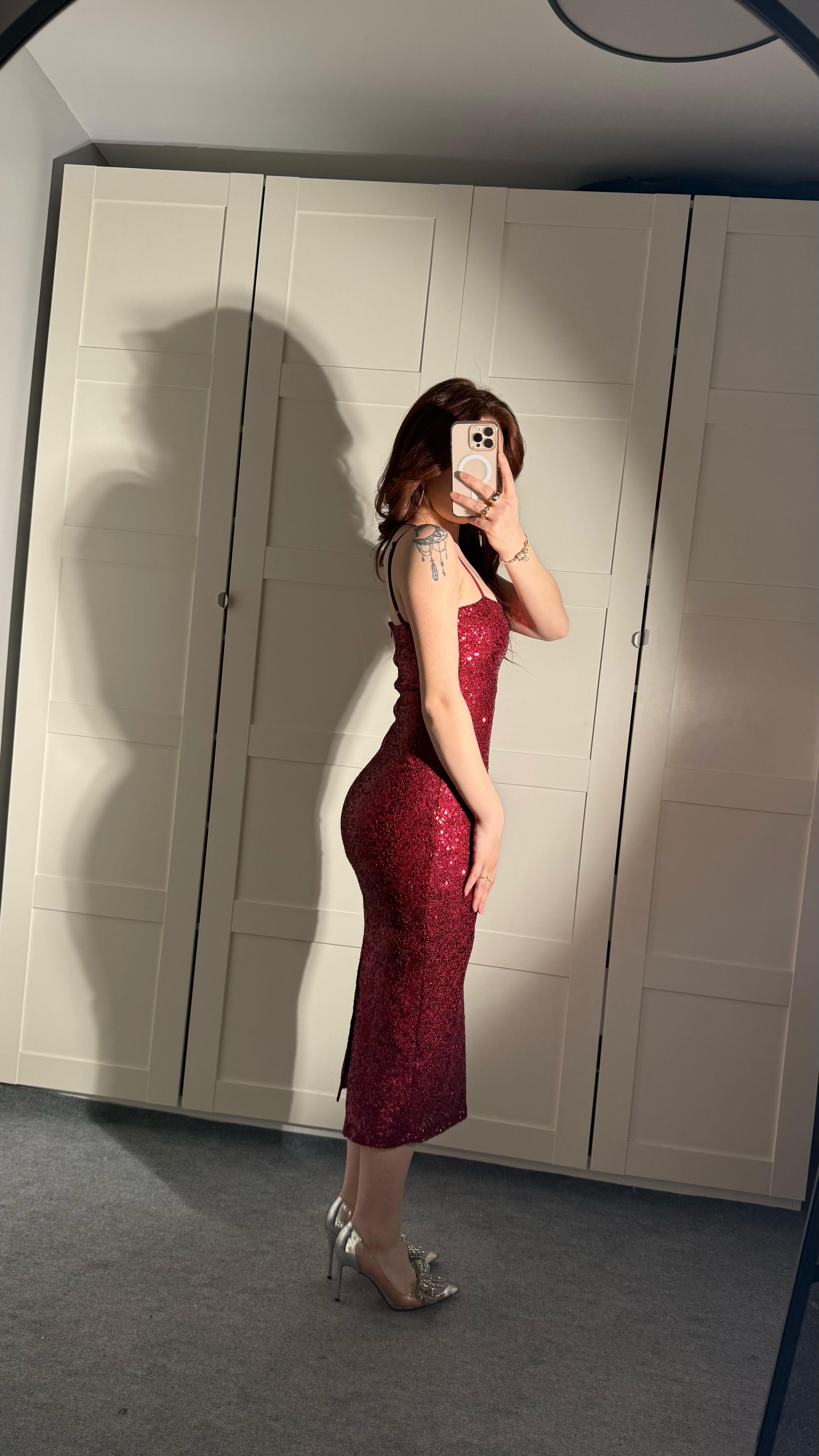 İp Askılı Pullu Midi Elbise Bordo