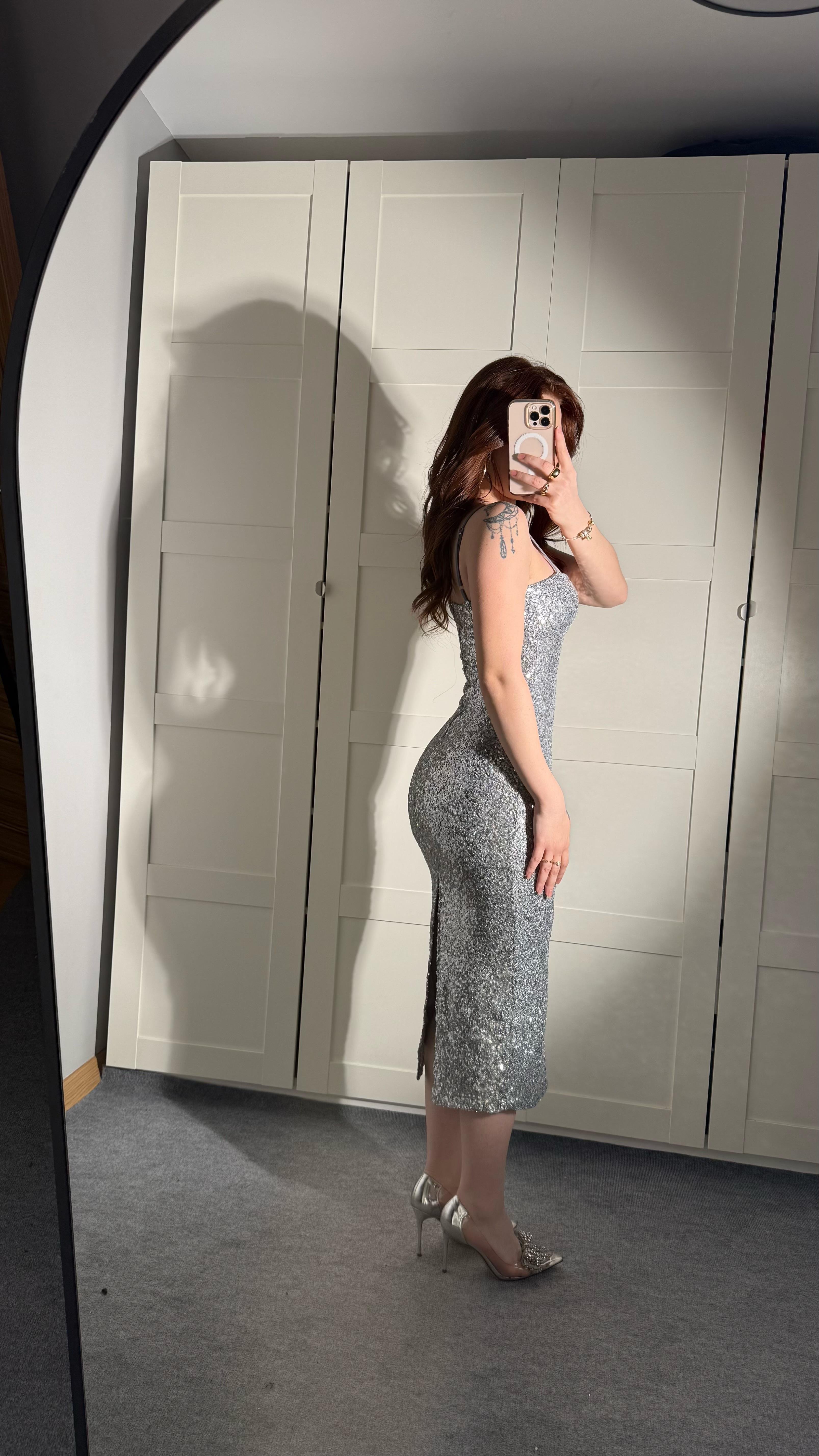 İp Askılı Pullu Midi Elbise Gri