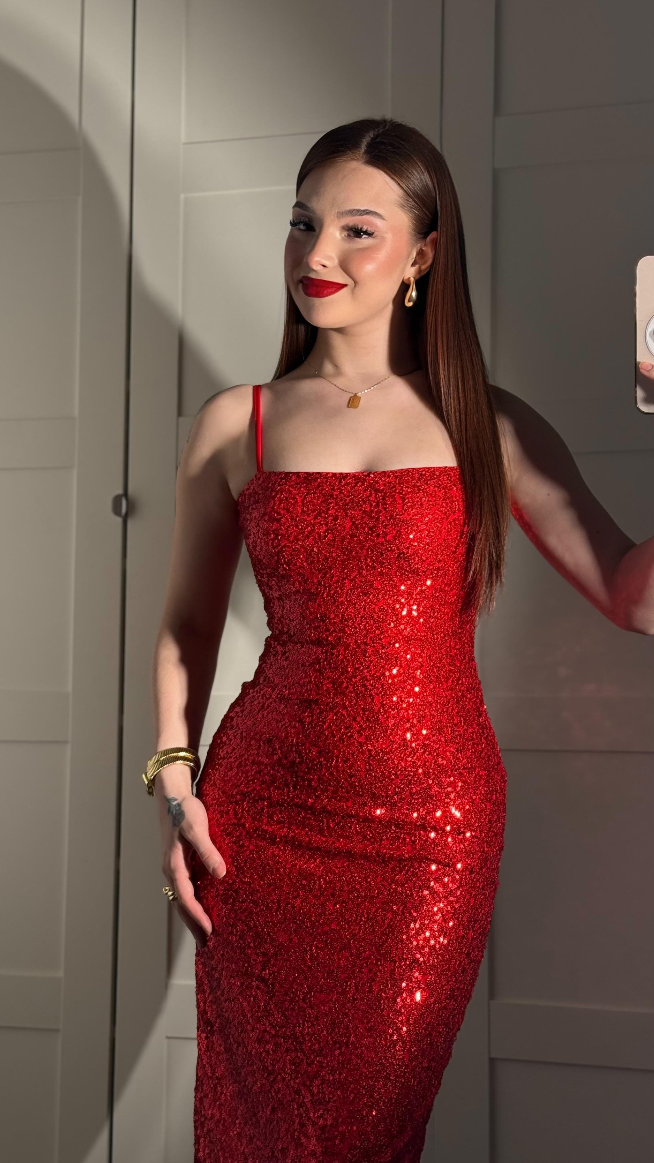 İp Askılı Pullu Midi Elbise Kırmızı
