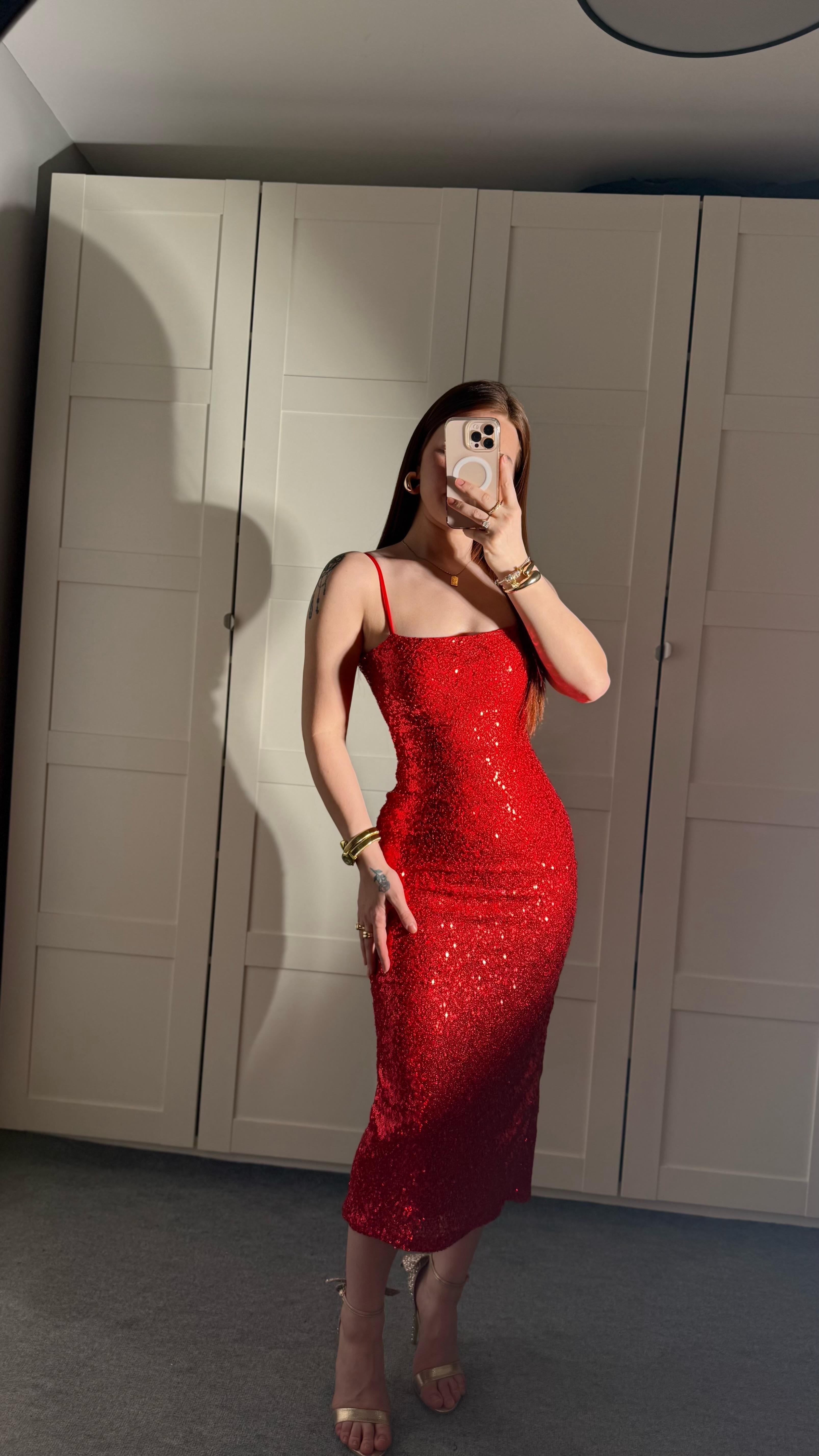 İp Askılı Pullu Midi Elbise Kırmızı