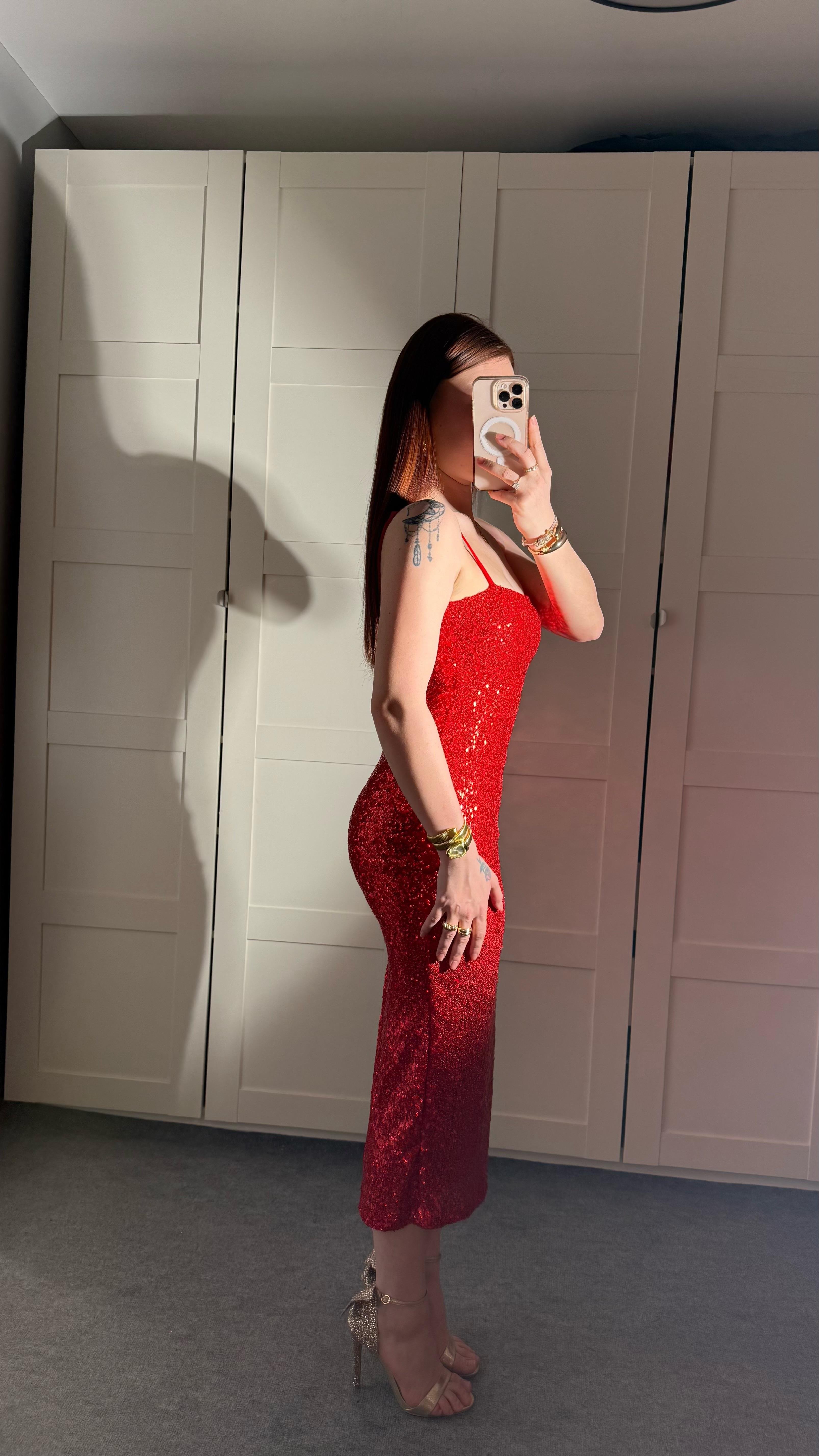 İp Askılı Pullu Midi Elbise Kırmızı
