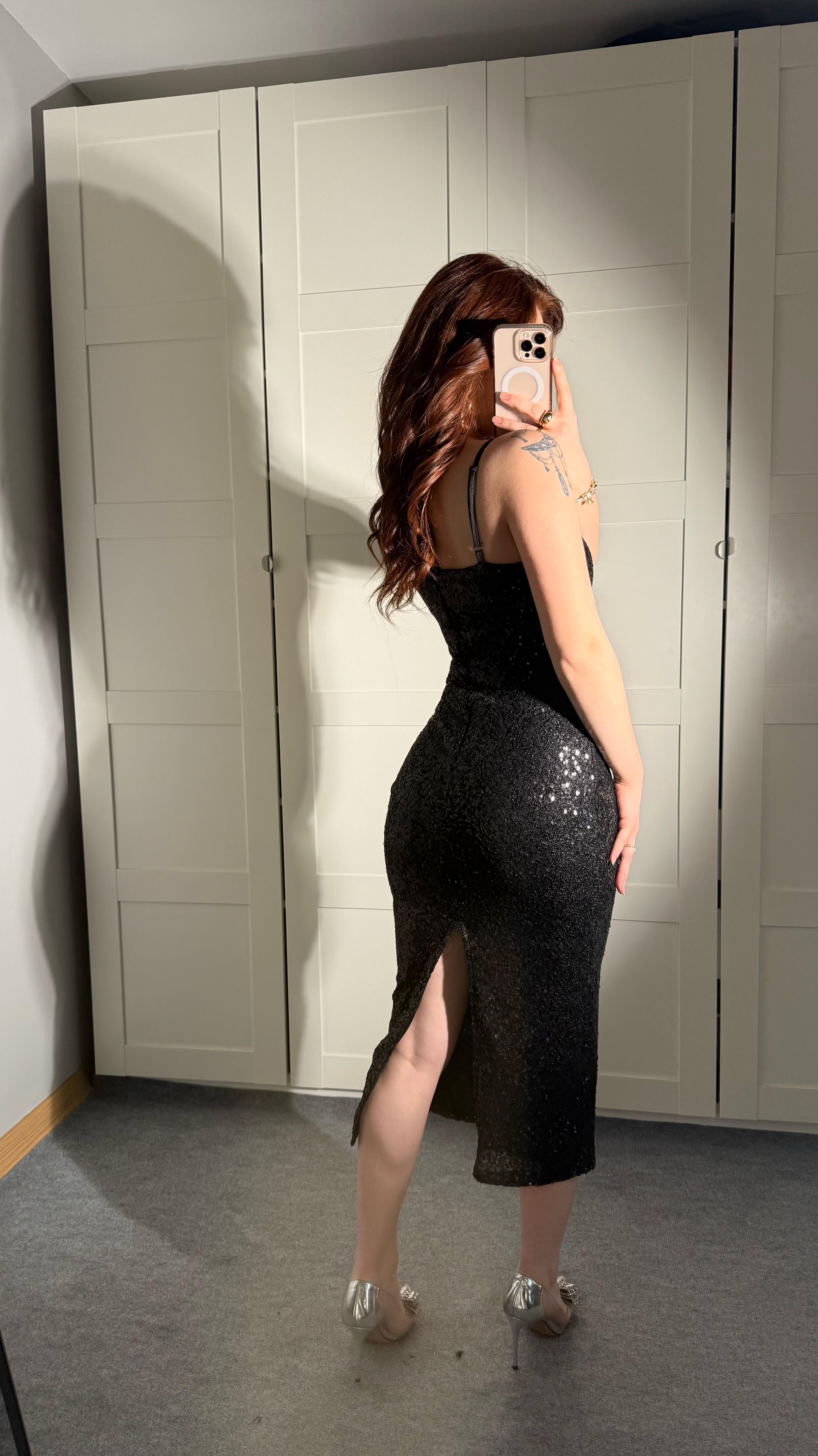 İp Askılı Pullu Midi Elbise Siyah