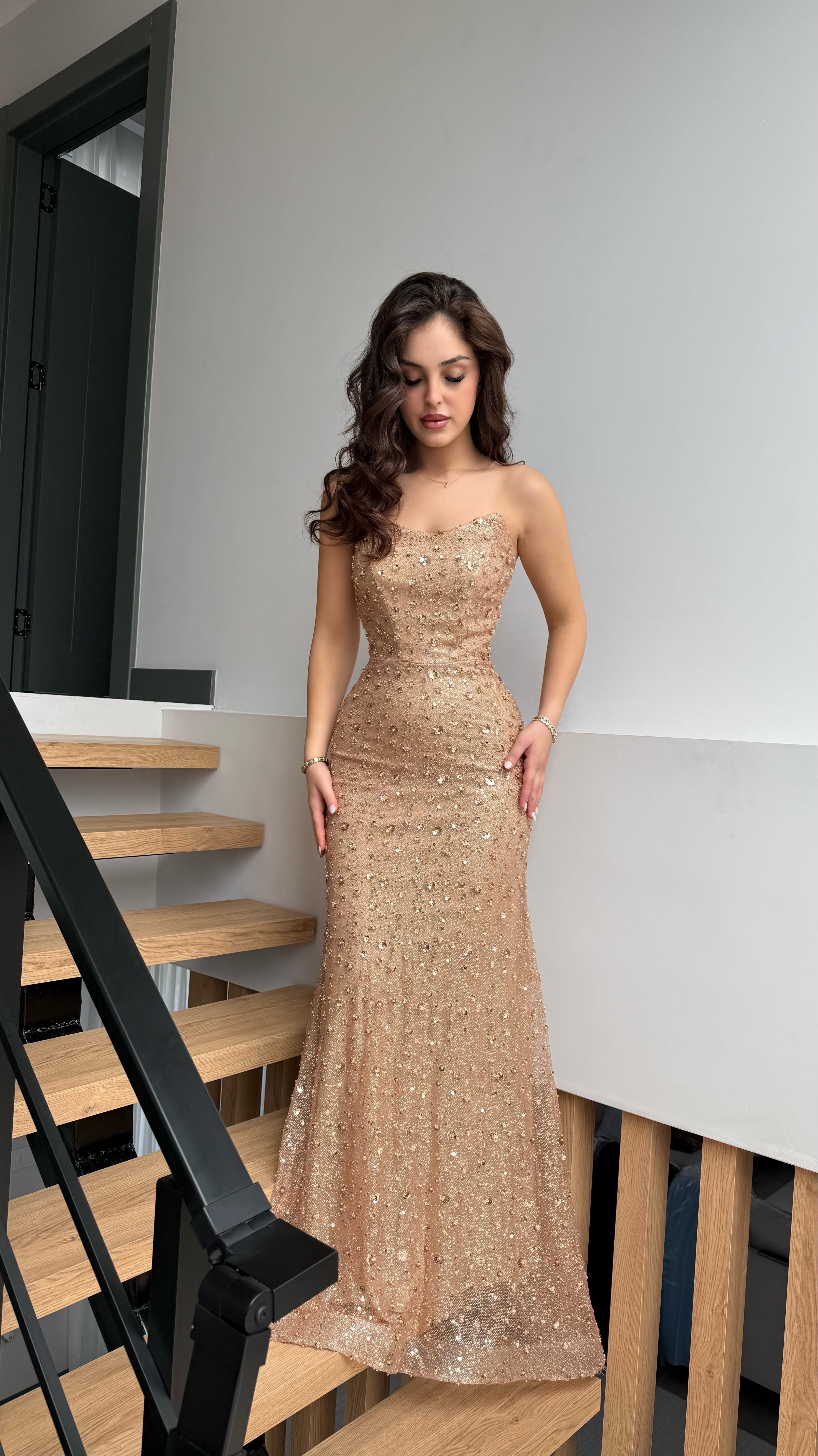 Irmak Minik Taşlı Abiye Gold