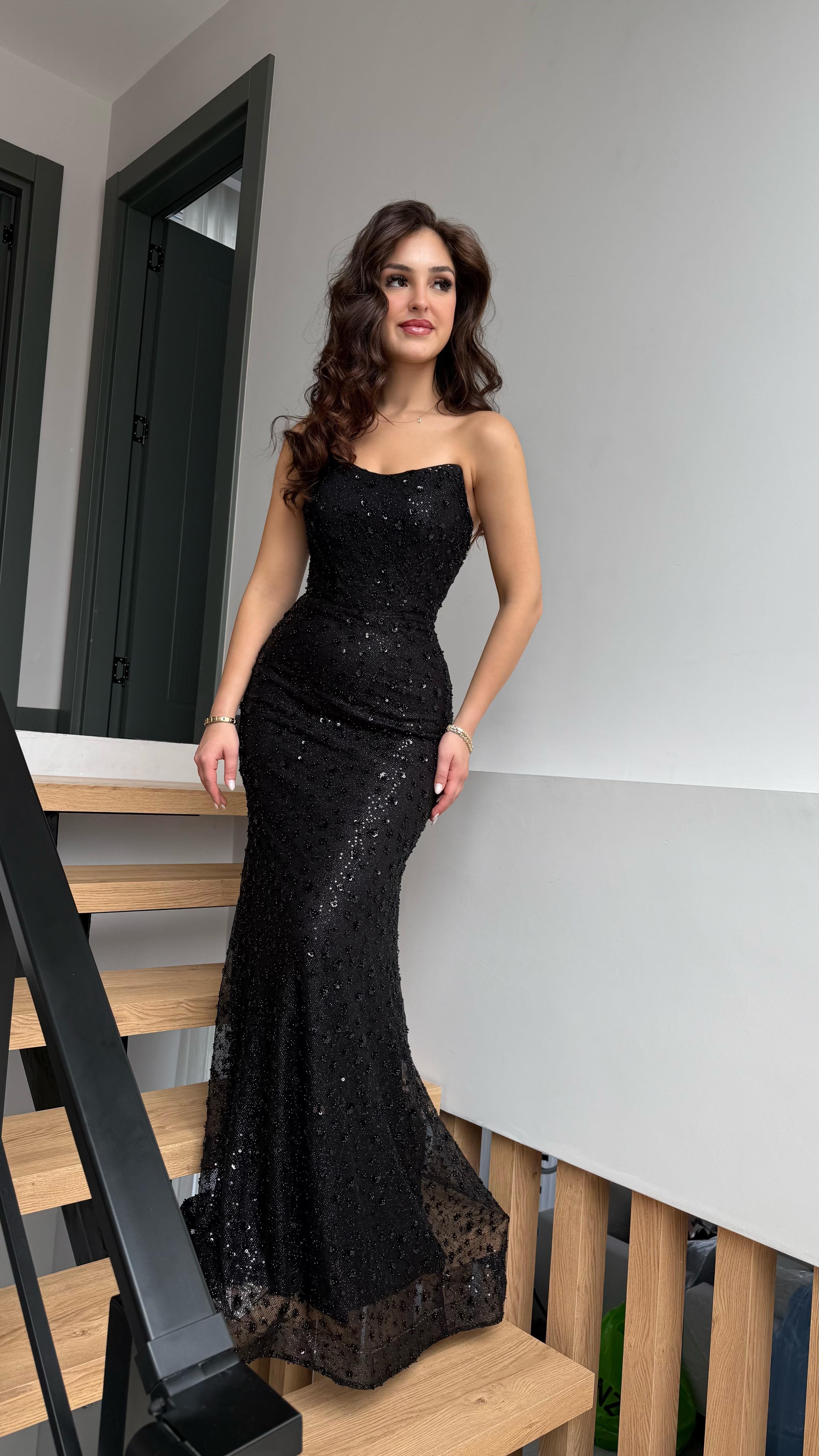 Irmak Minik Taşlı Abiye Siyah