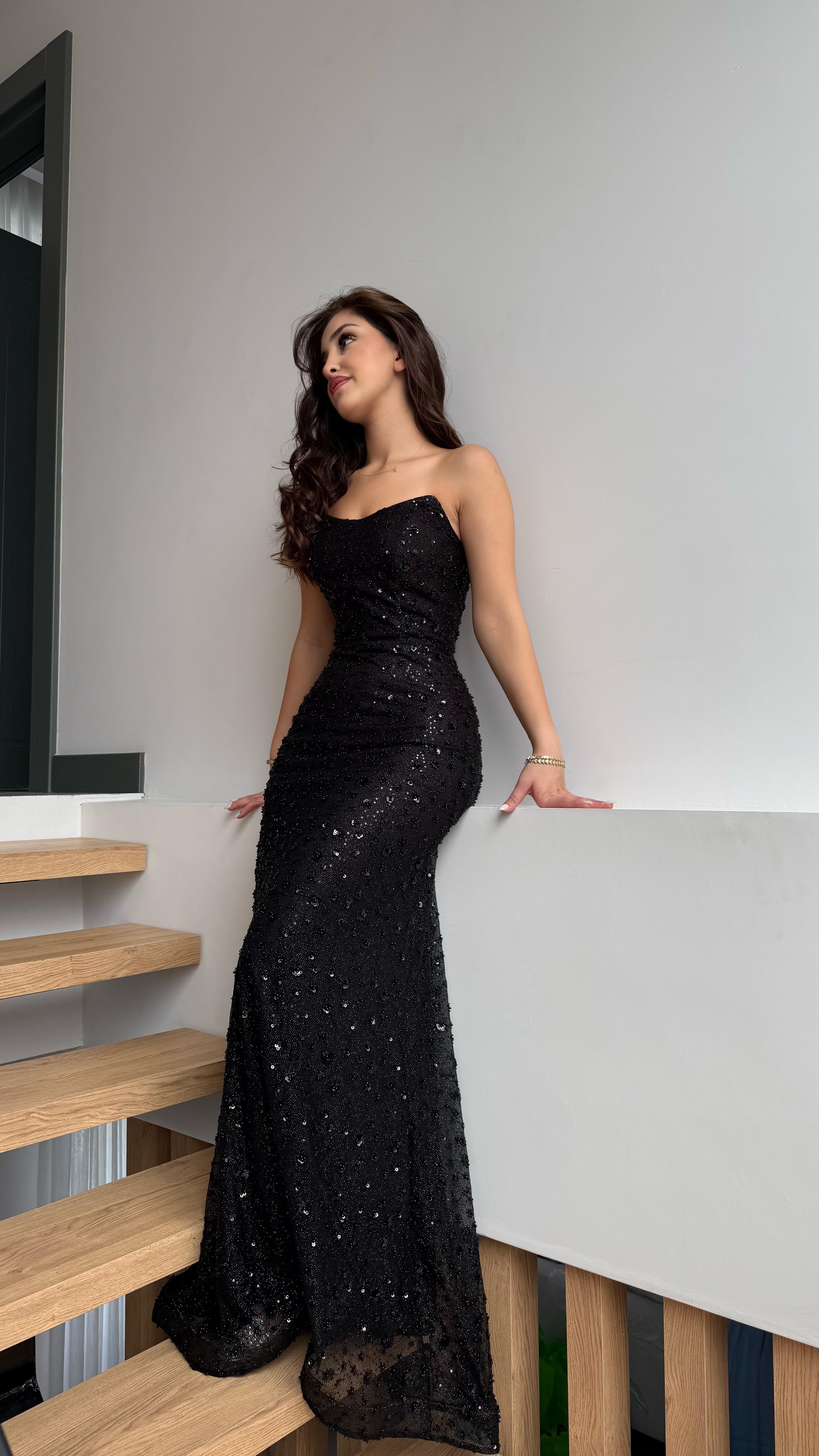 Irmak Minik Taşlı Abiye Siyah