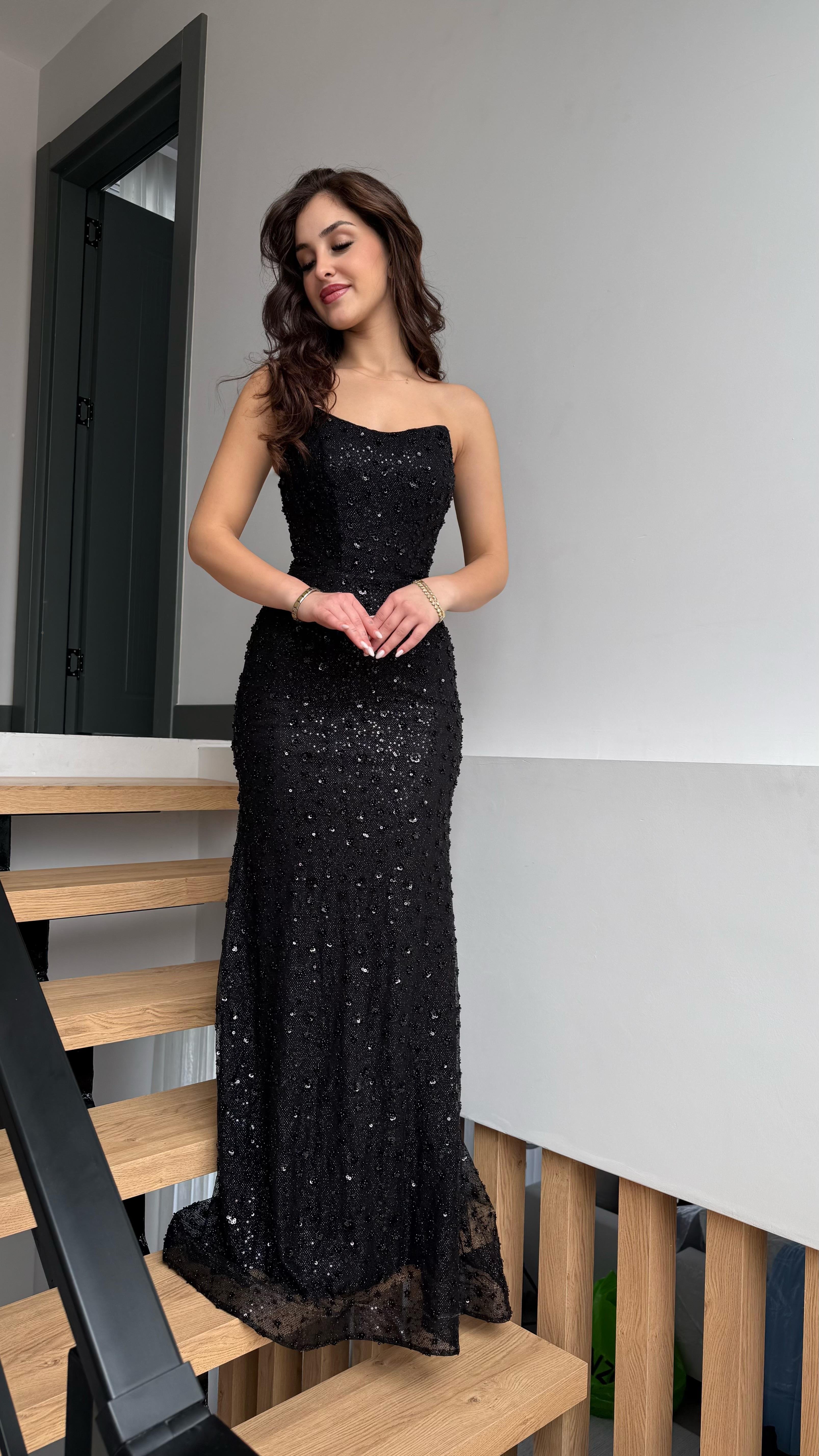 Irmak Minik Taşlı Abiye Siyah