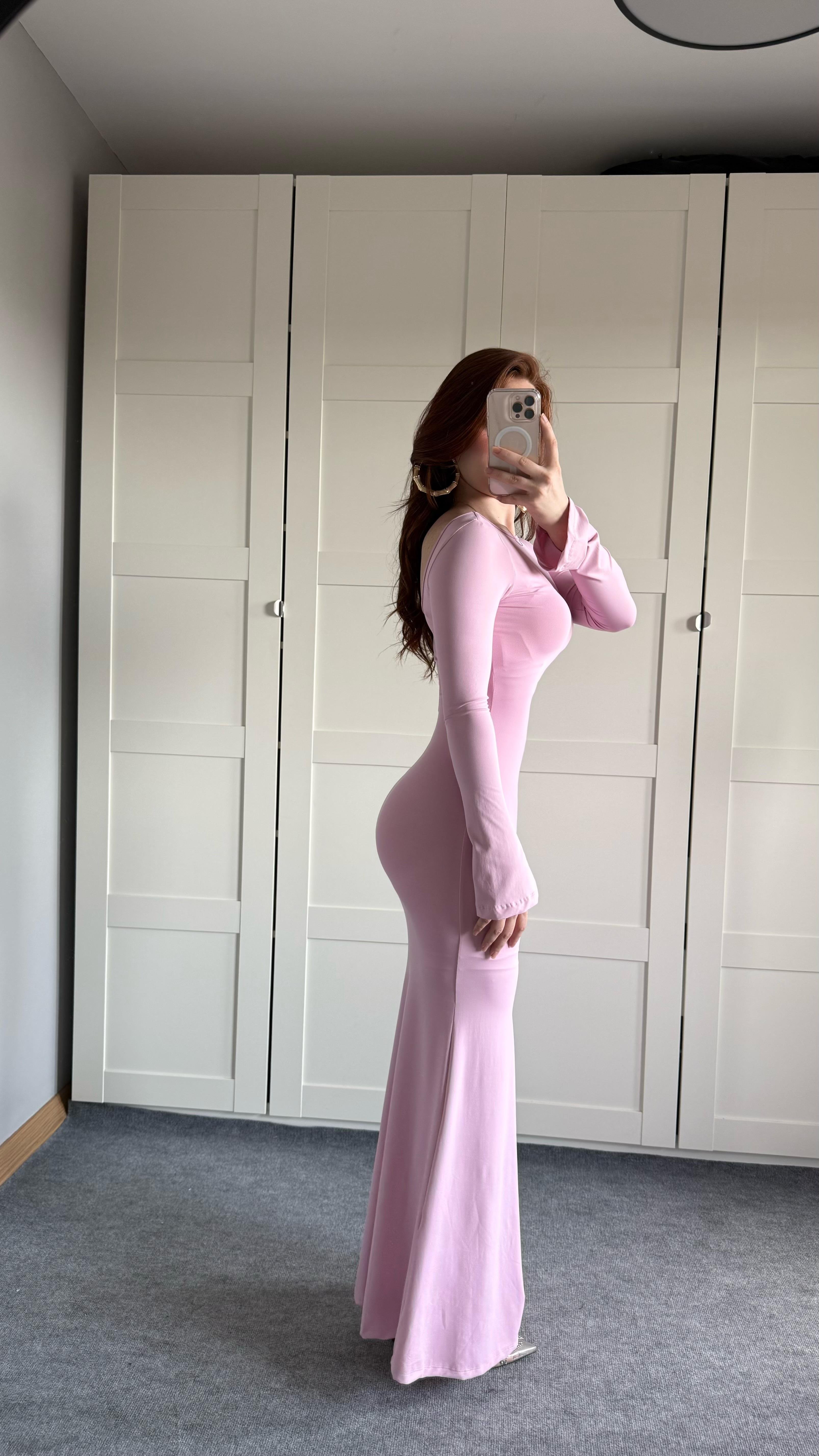 İspanyol Kol Eteği Volanlı Elbise Pembe