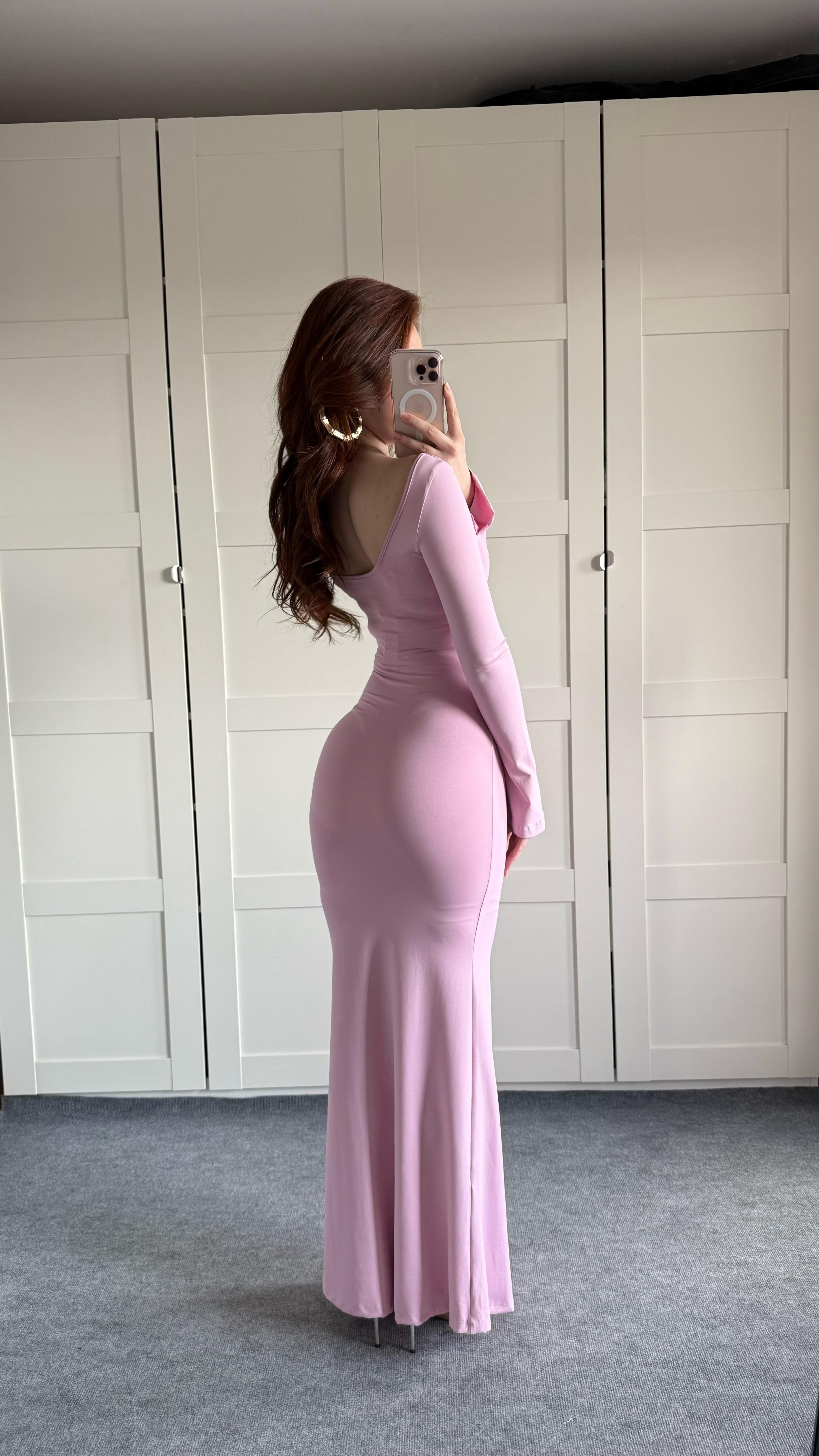 İspanyol Kol Eteği Volanlı Elbise Pembe