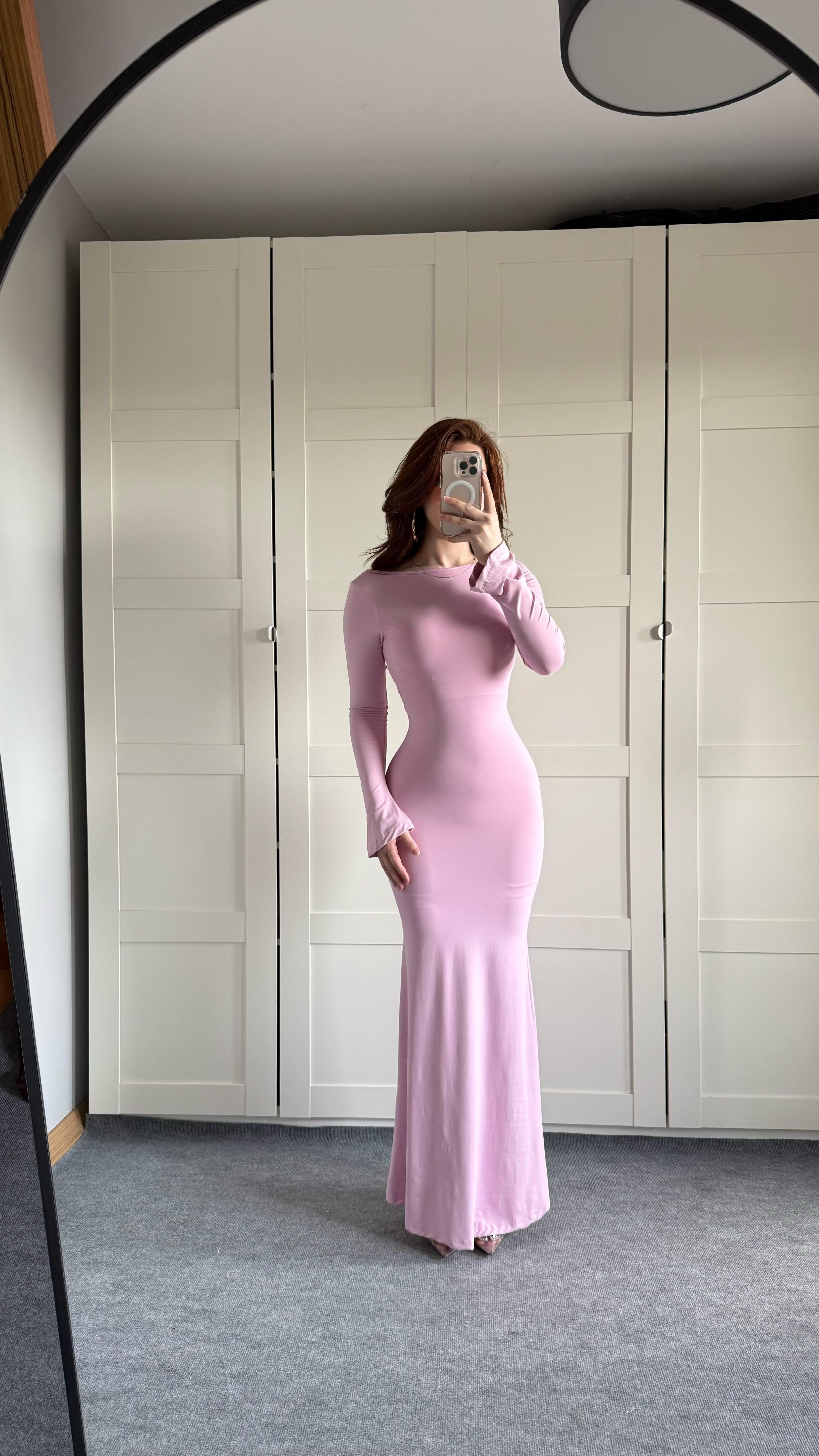 İspanyol Kol Eteği Volanlı Elbise Pembe