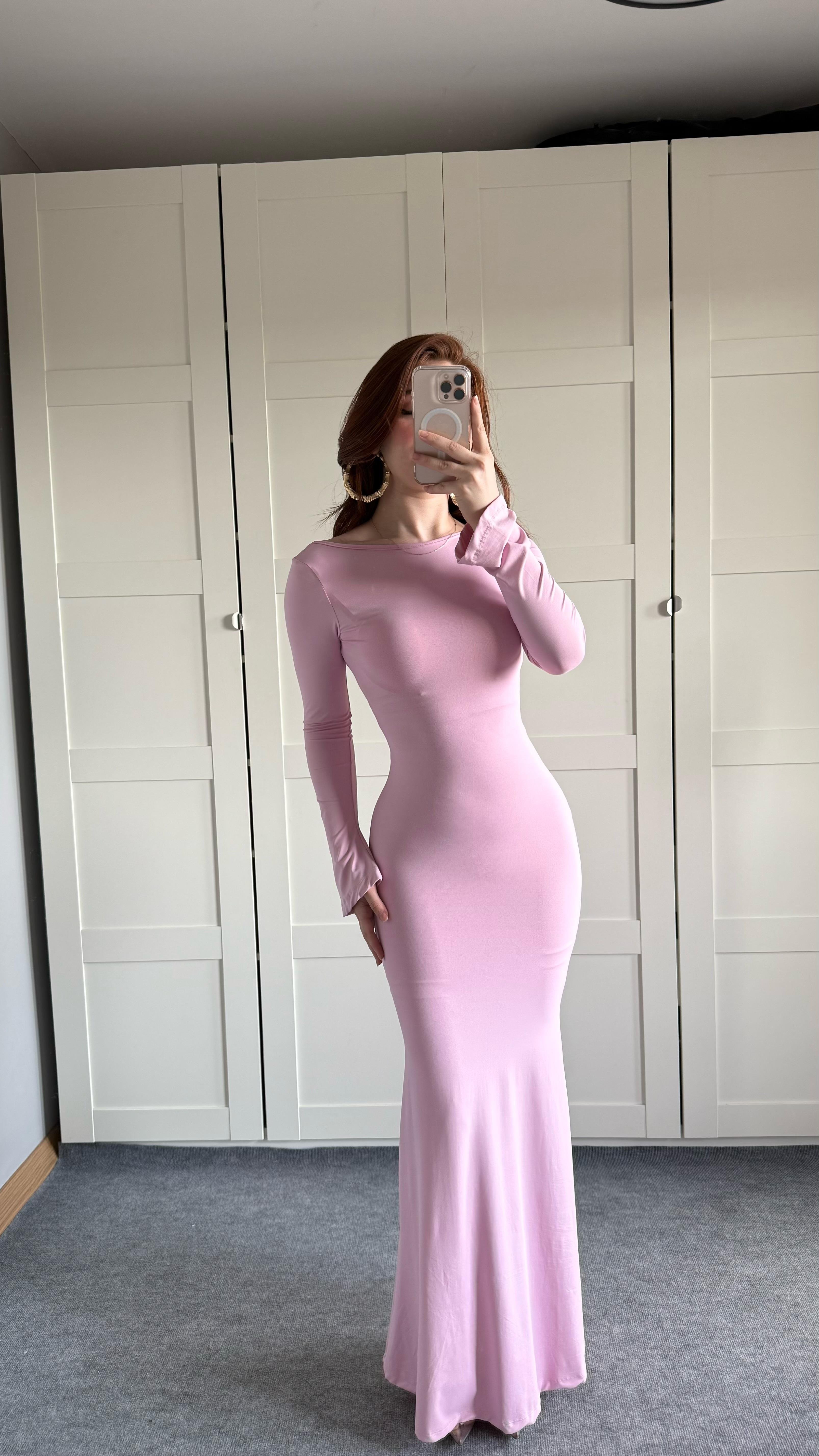 İspanyol Kol Eteği Volanlı Elbise Pembe
