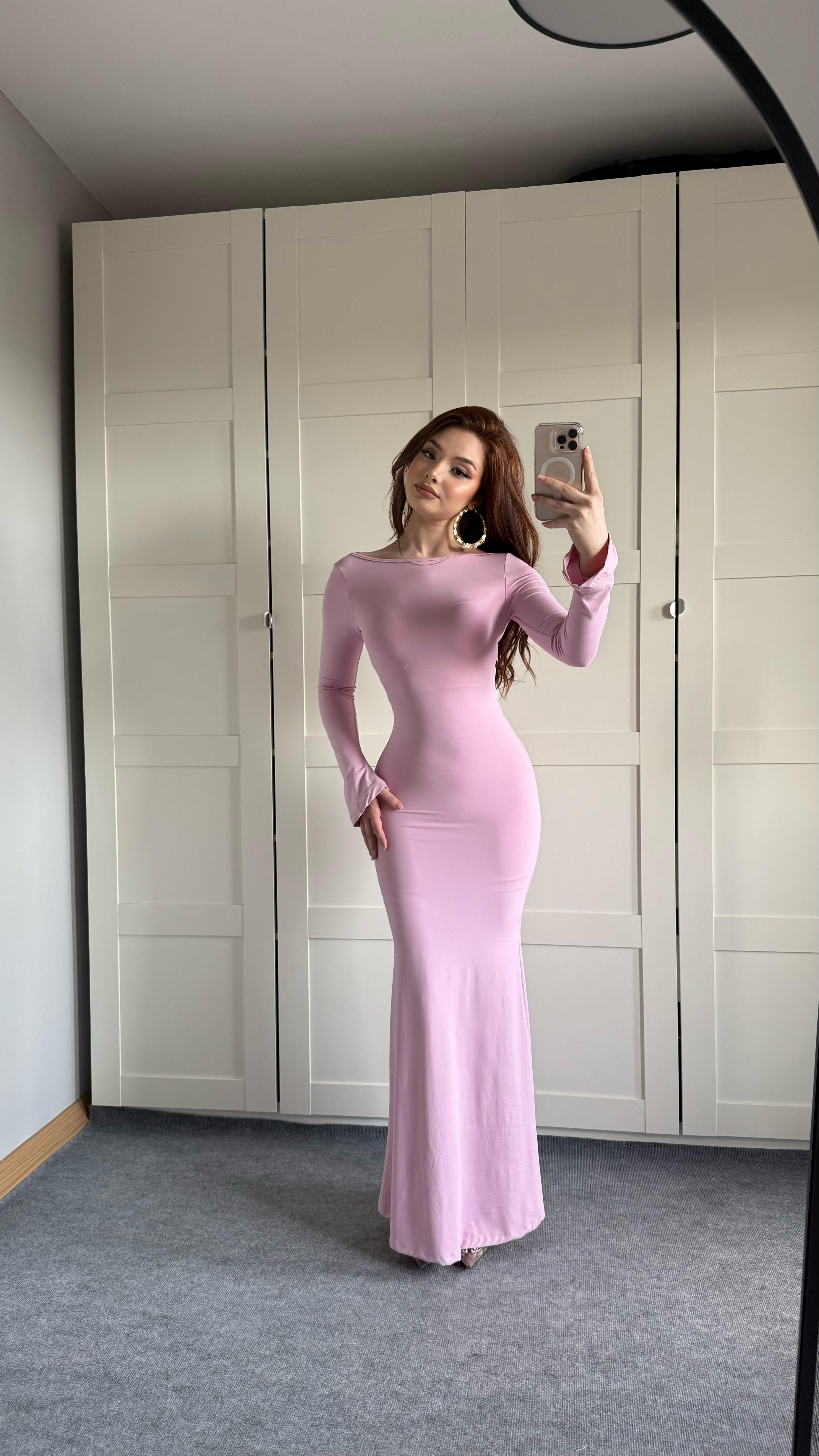 İspanyol Kol Eteği Volanlı Elbise Pembe