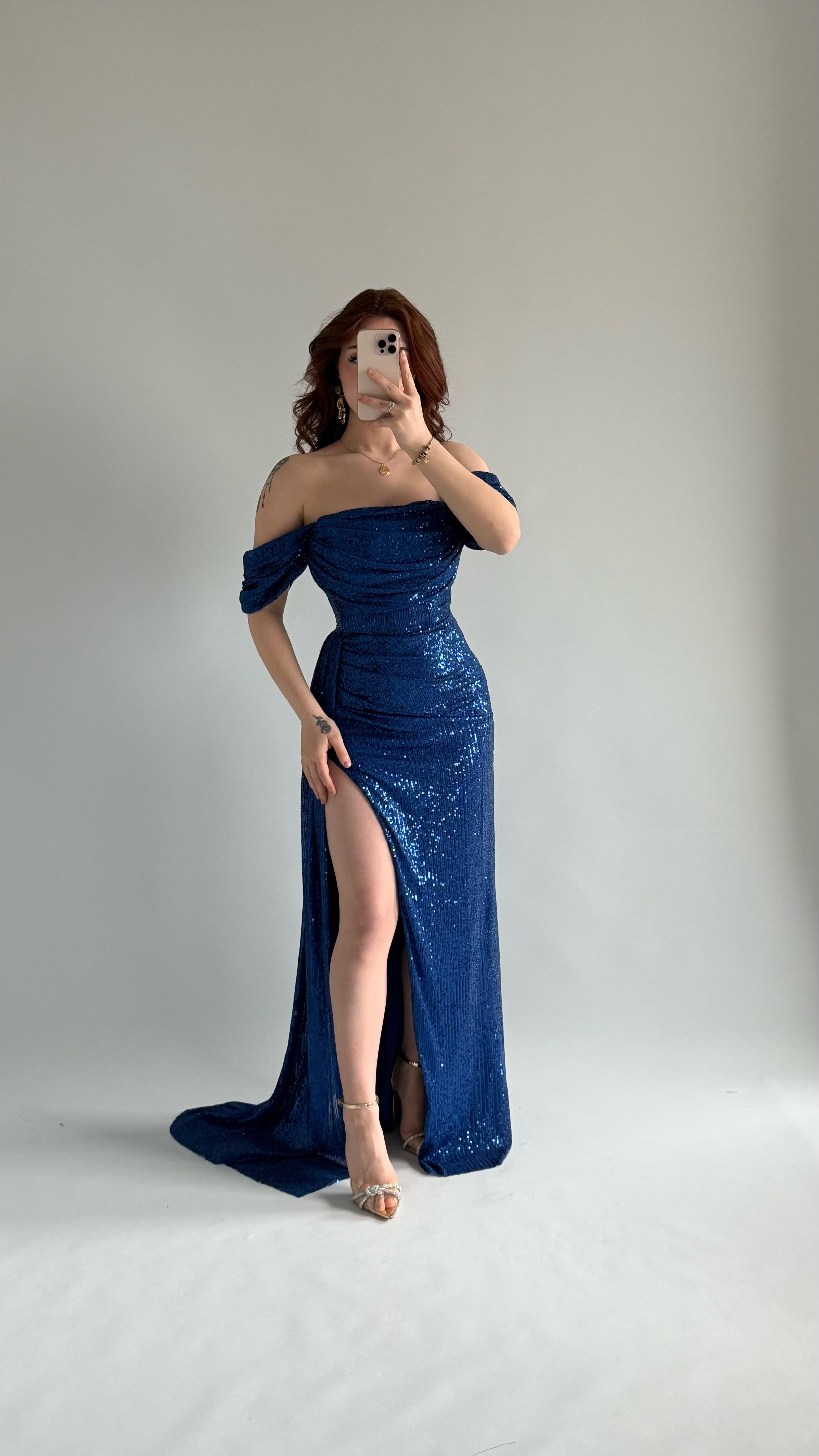 Jasmin Pullu Düşük Omuz Abiye Saks 
