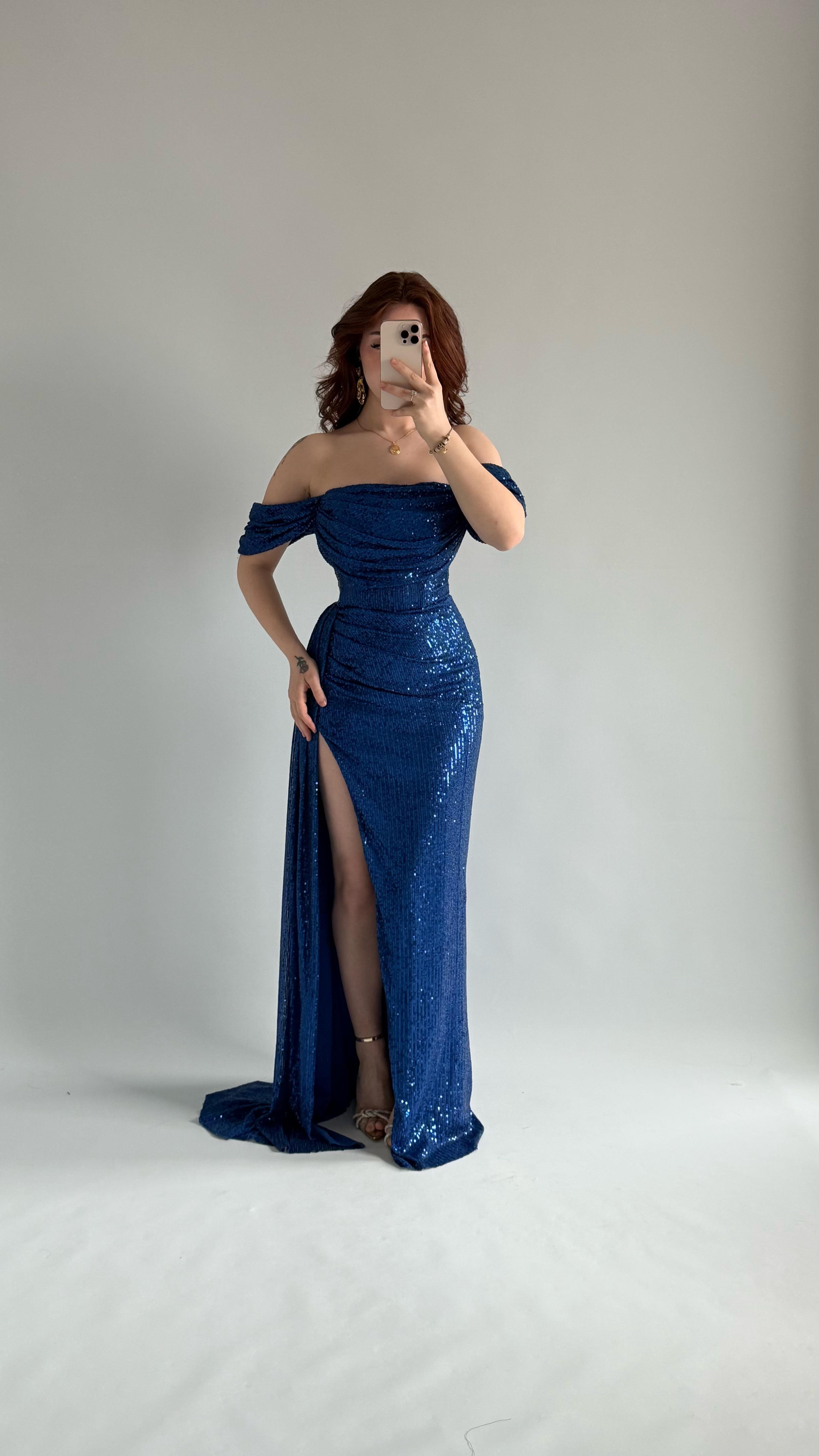 Jasmin Pullu Düşük Omuz Abiye Saks 