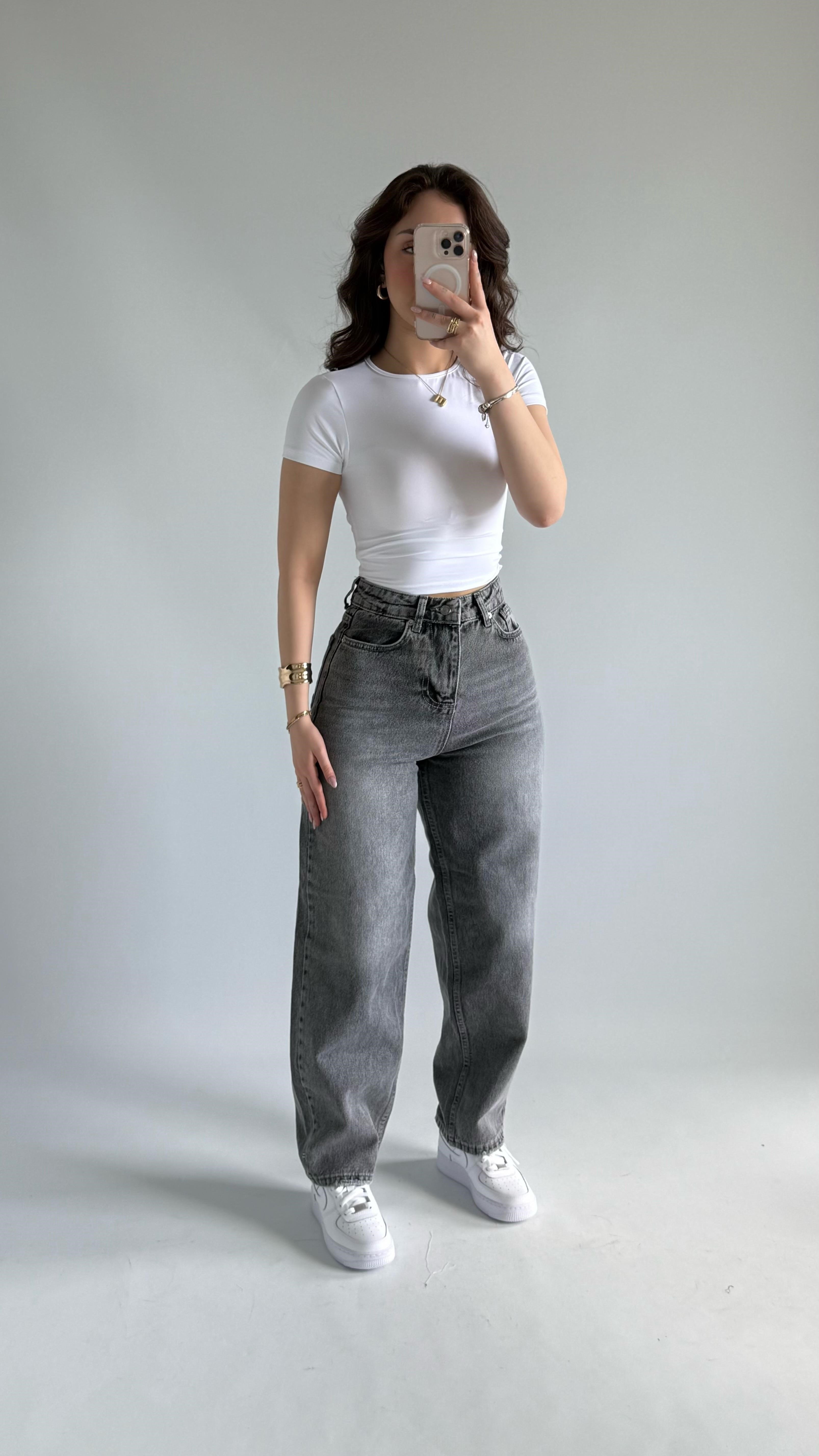 Jenner Wide Leg Jean Taşlanmış Gri 