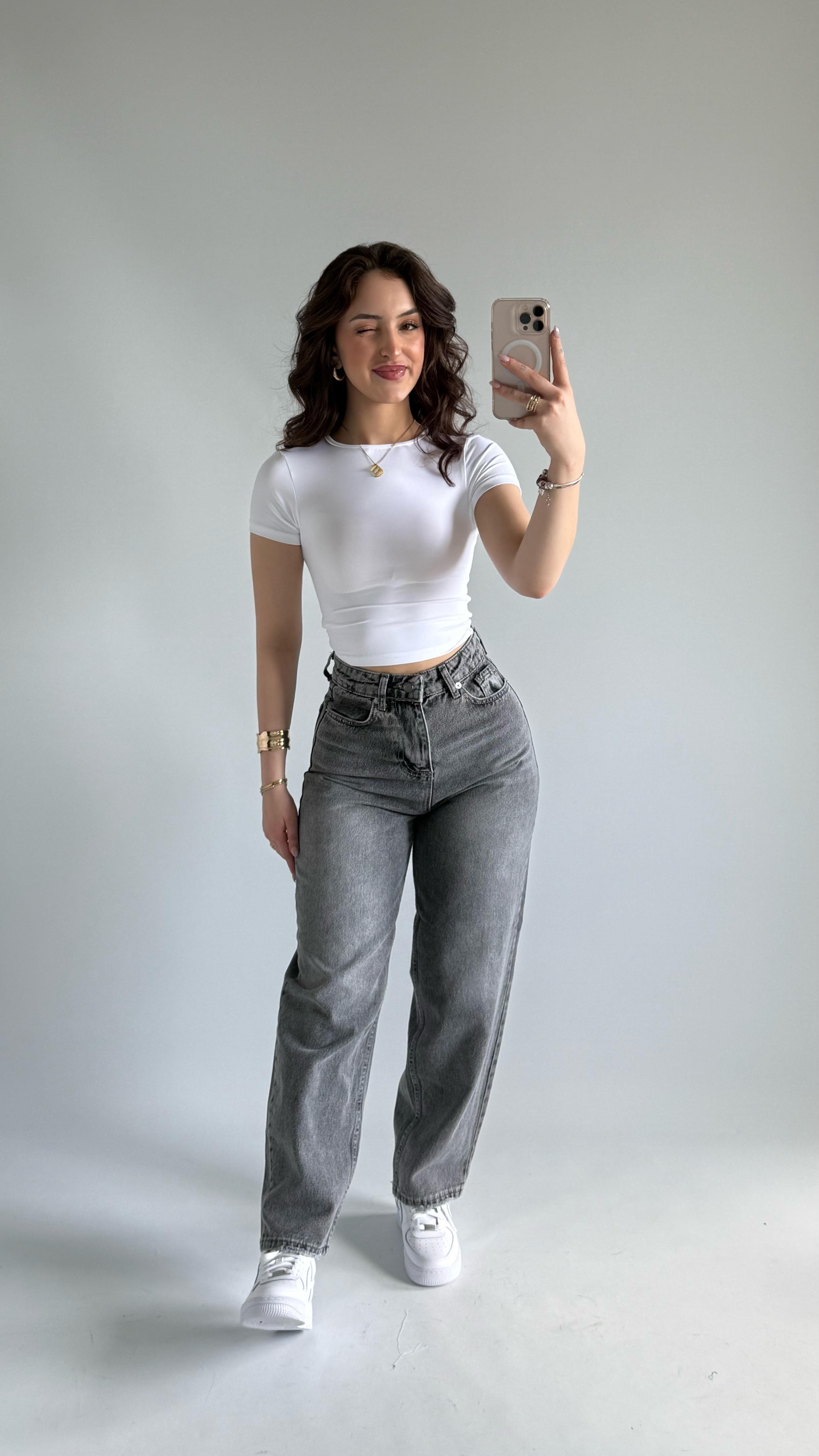 Jenner Wide Leg Jean Taşlanmış Gri 