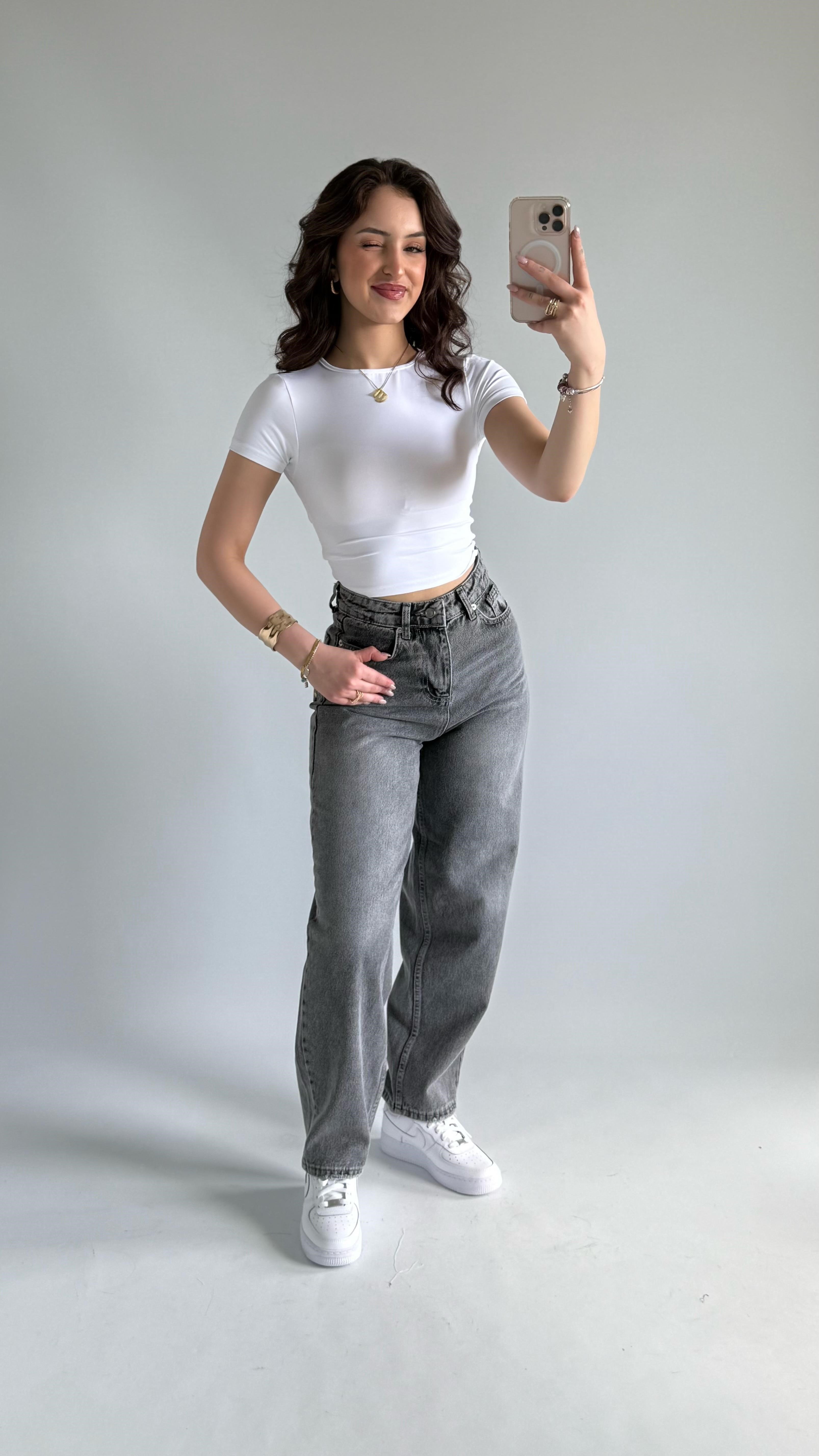 Jenner Wide Leg Jean Taşlanmış Gri 